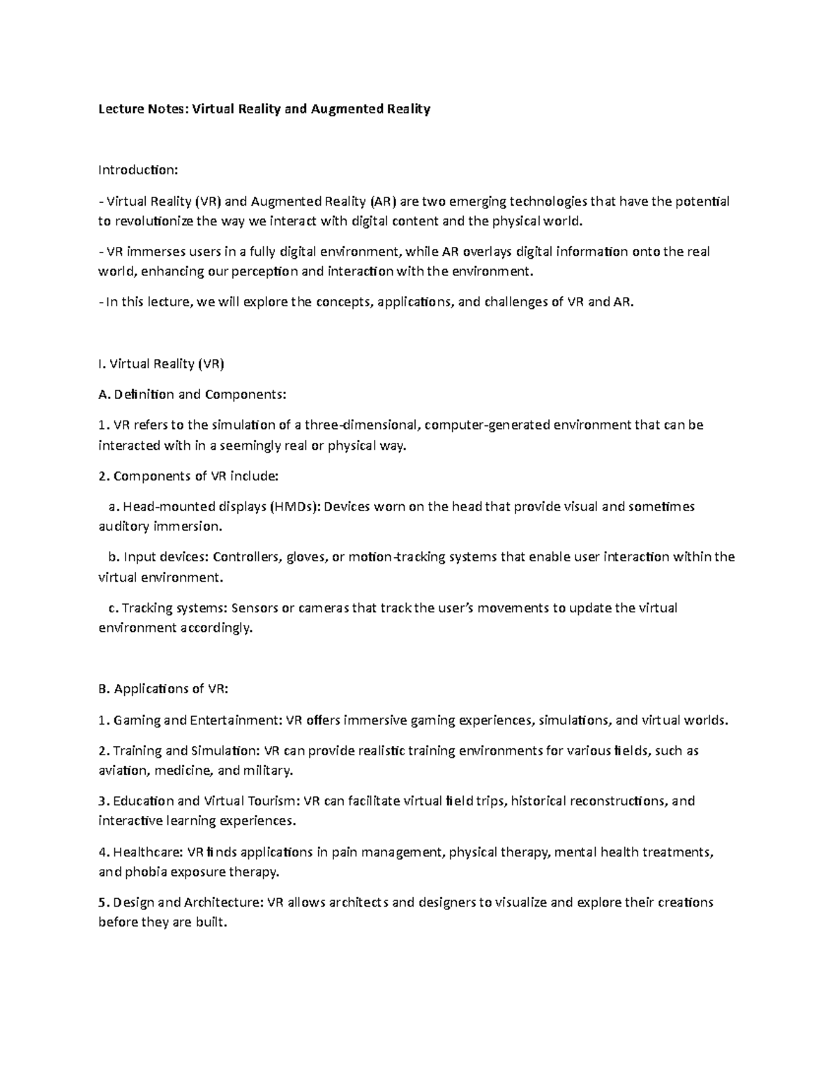 Lecture Notes Virtual Reality and Augmented Reality Lecture Notes