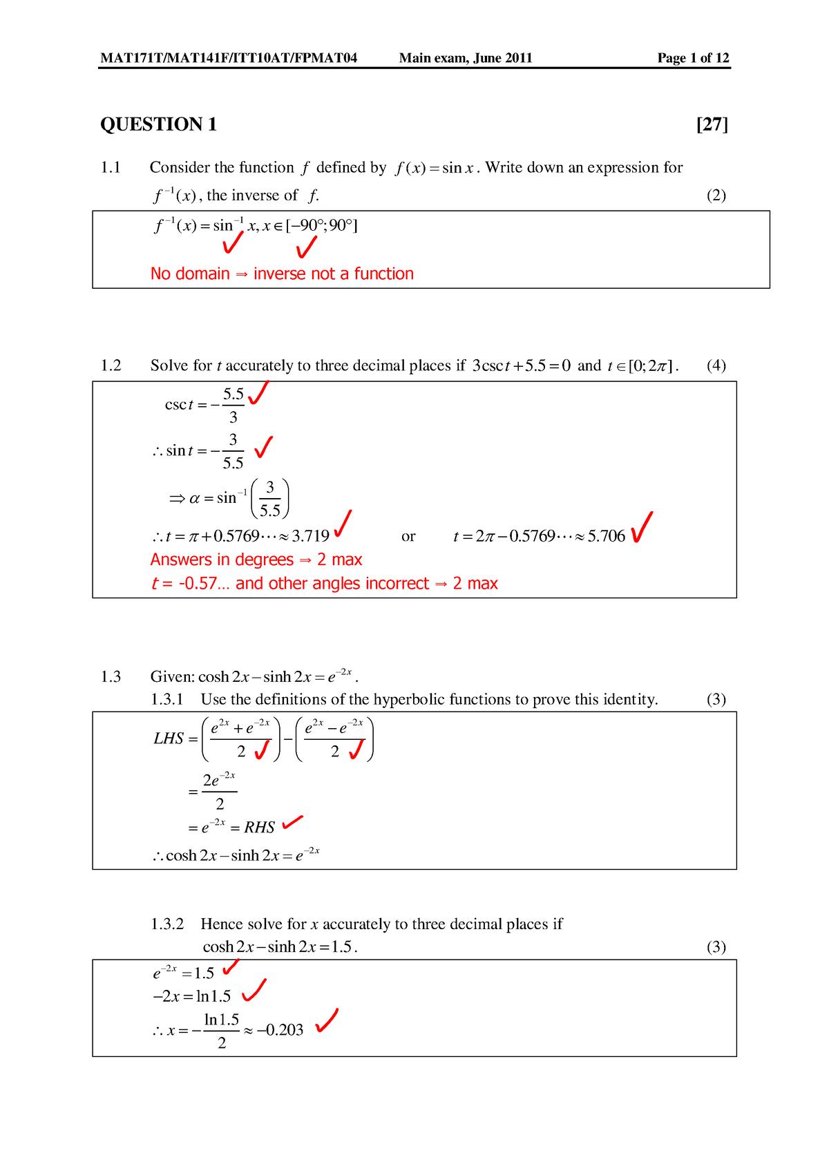 2011 A main exam exam - QUESTION 1 [27] 1 Consider the function f ...