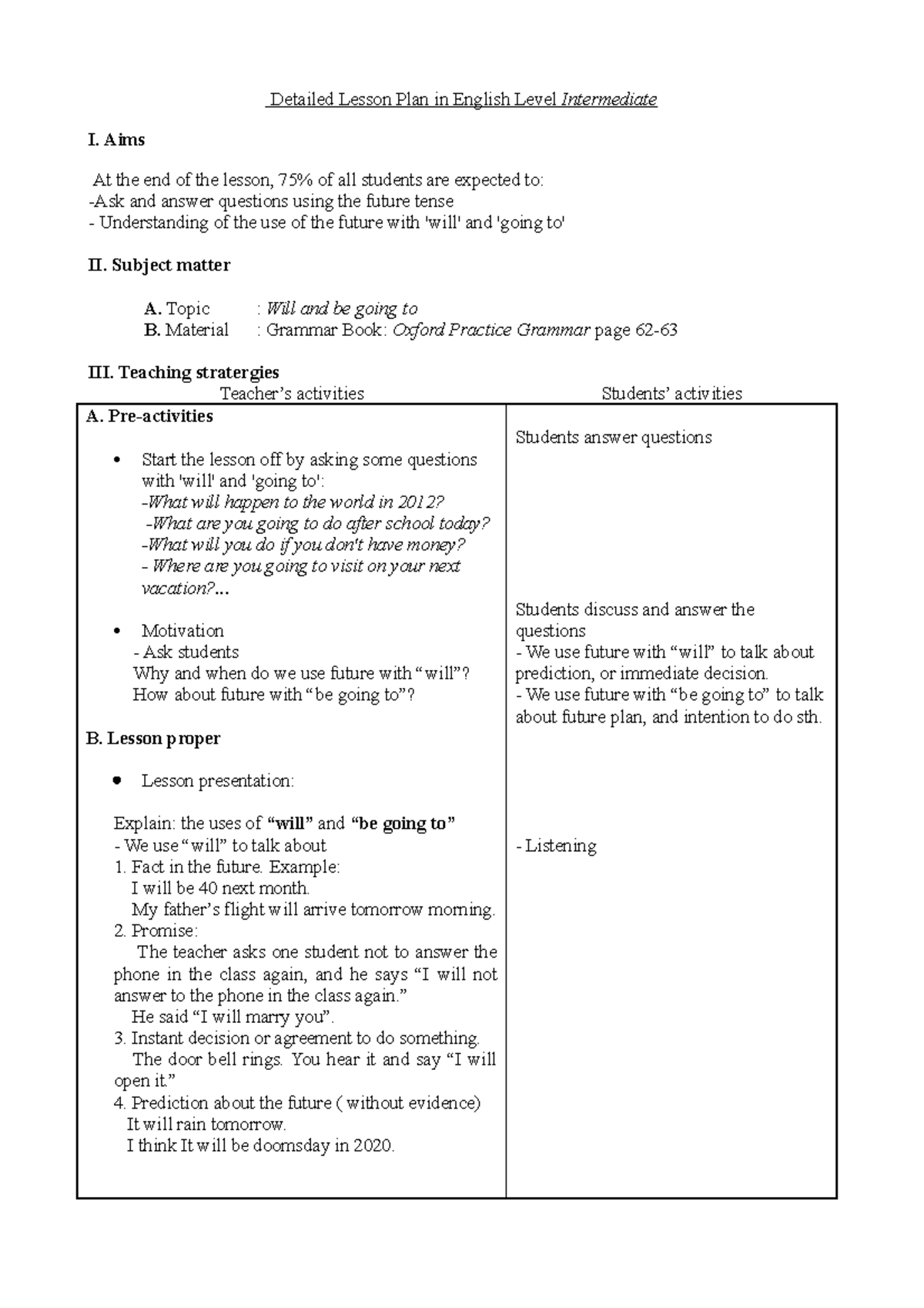 Parts Of Lesson Plan In English