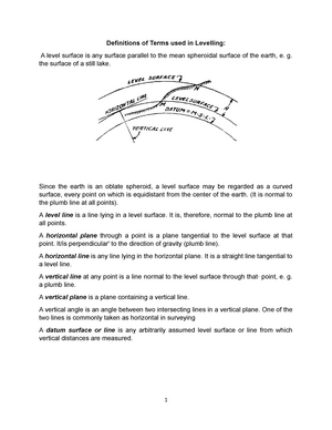 Definitions of Terms used in Levelling - g. the surface of a still lake.  Since the earth is an - Studocu