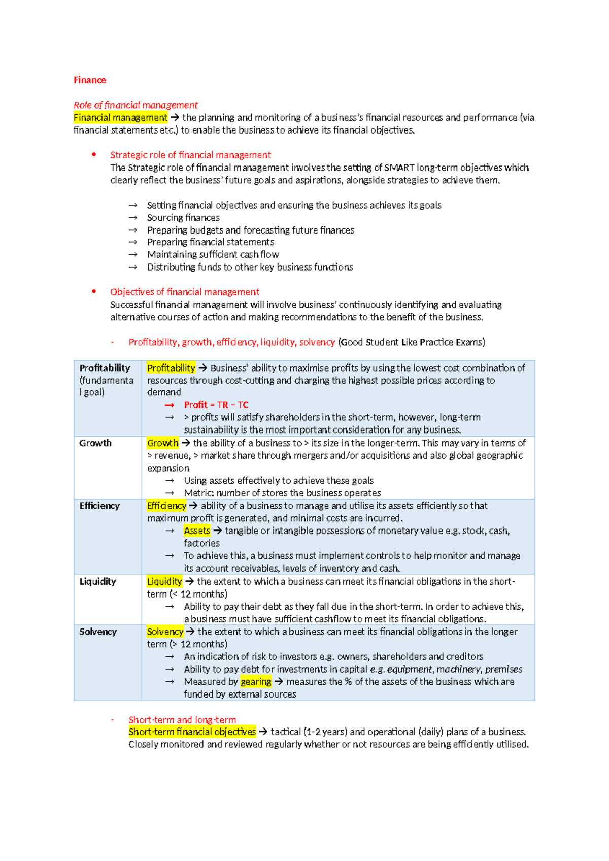 Finance notes - Finance Role of financial management Financial ...