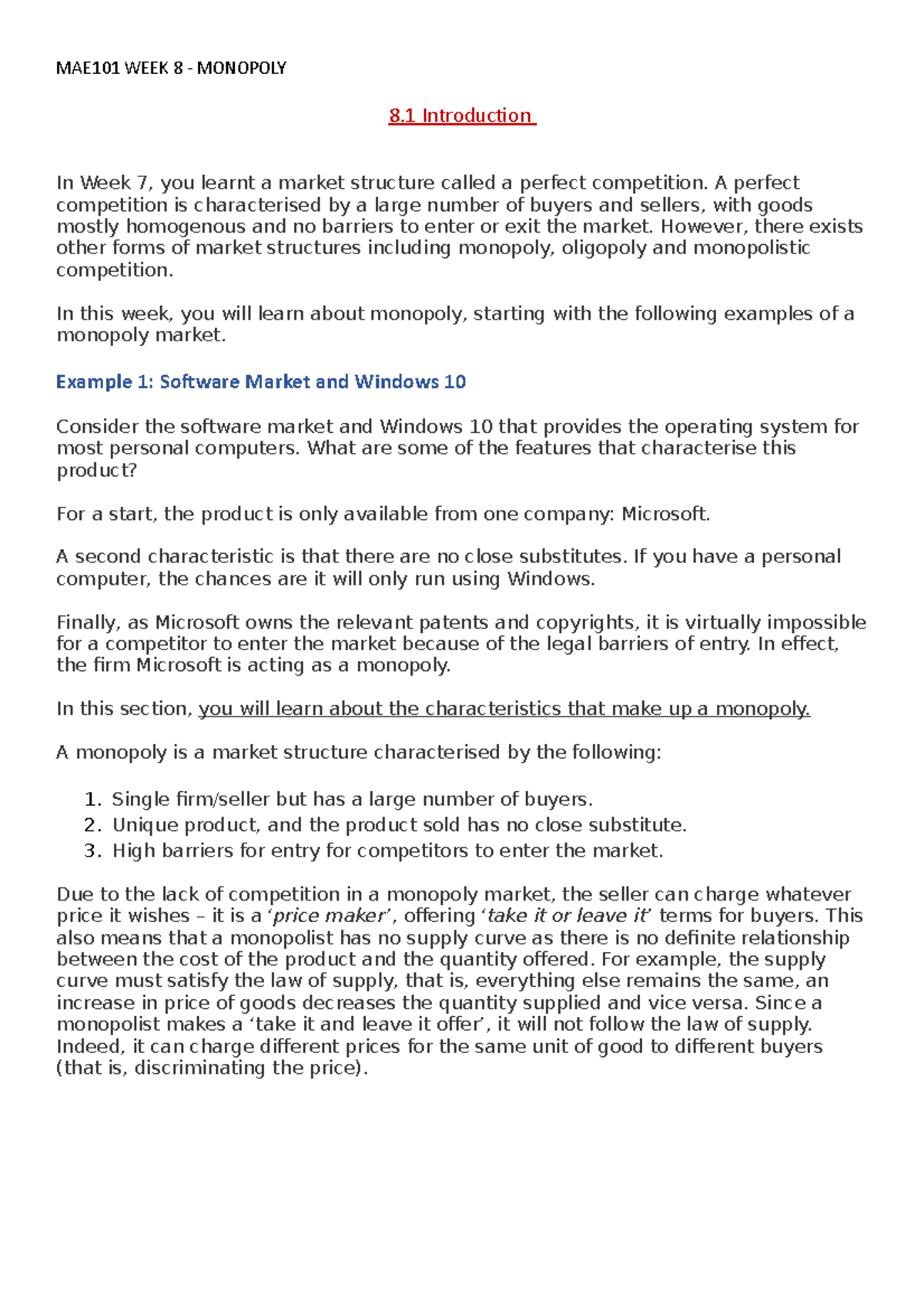 ECONOMICS WEEK 8 NOTES - ####### MAE101 WEEK 8 - MONOPOLY 8 ...