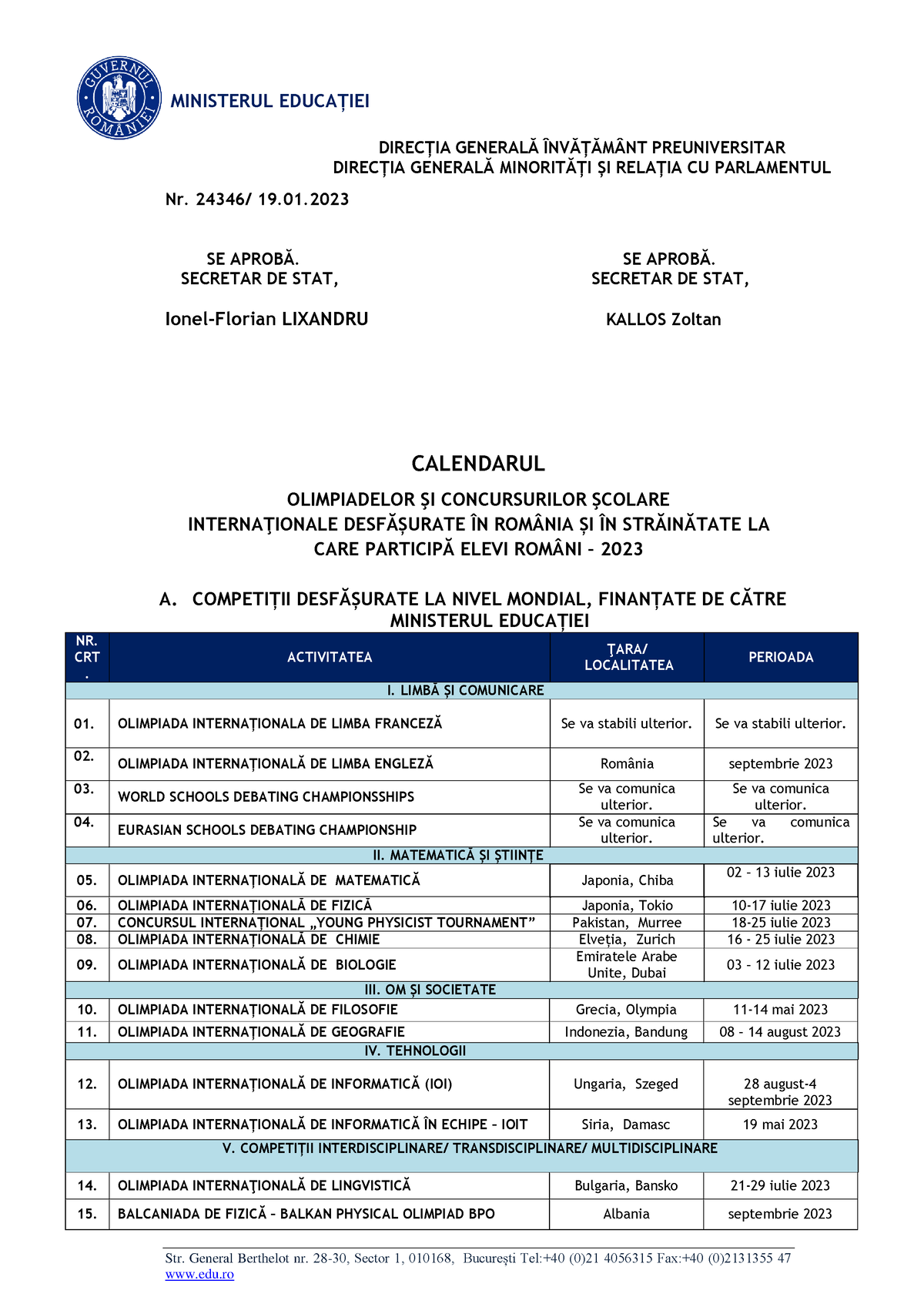 01 Calendar Olimpiade concursuri internationale 2023 MINISTERUL