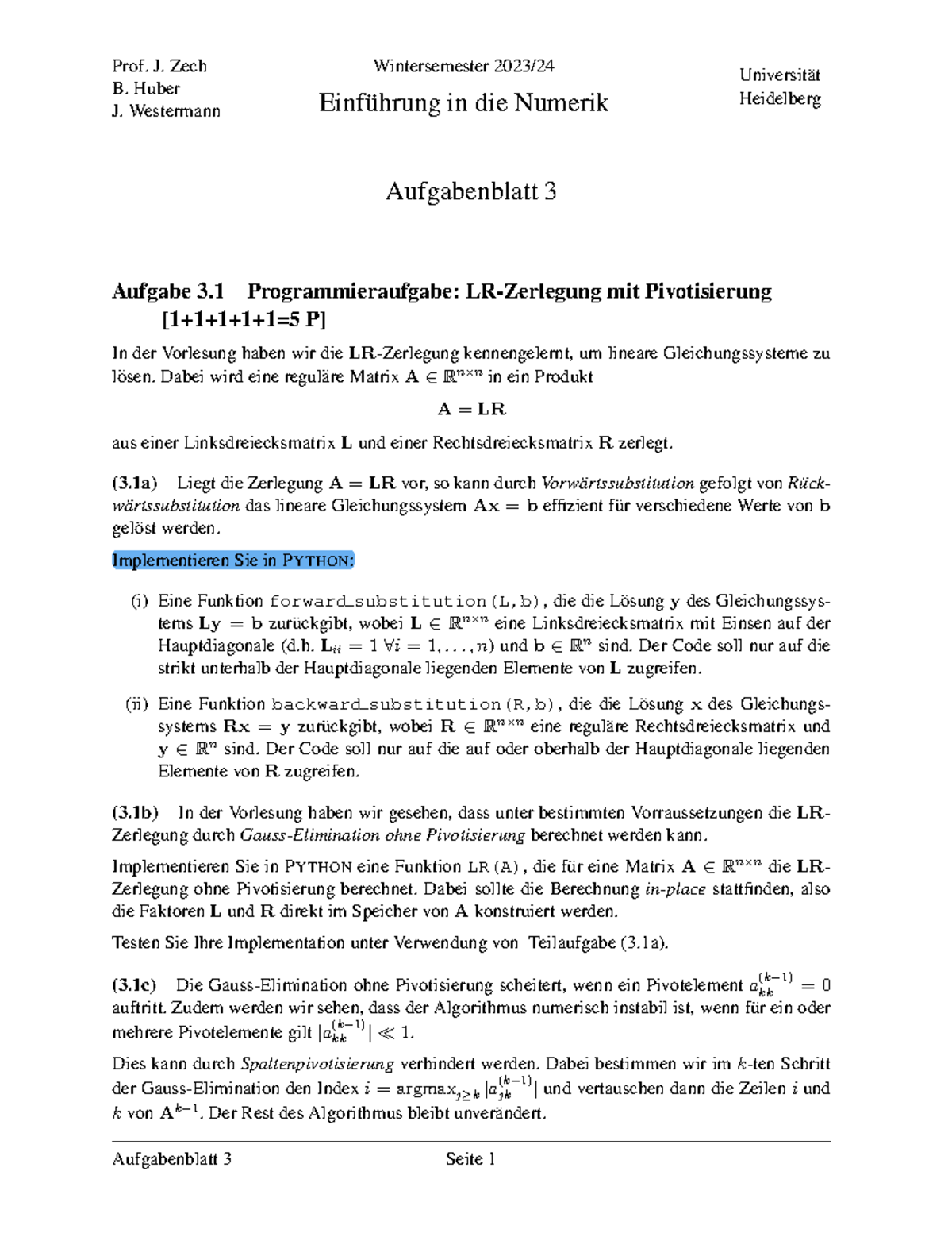 Num0 Blatt 03 - Übungsaufgaben Numerik 0 - Prof. J. Zech B. Huber J ...