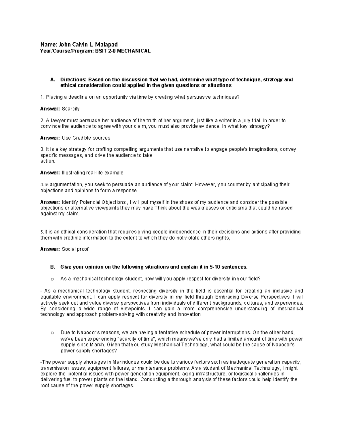 Calvin file - Good - Name: John Calvin L. Malapad Year/Course/Program ...