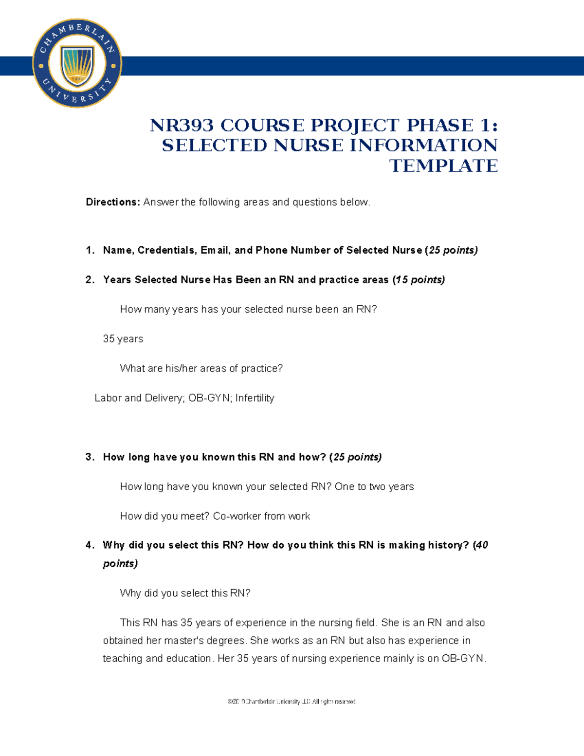 Week 1 NR393 Course Project Phase 1 Selected Nurse Information - NR393 ...