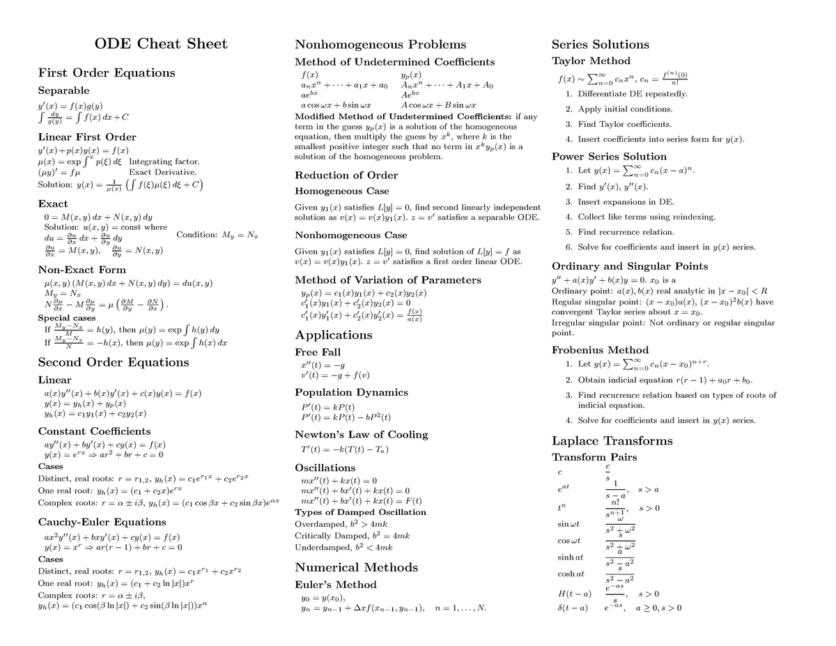 Linear Equations Cheat Sheet Differential Equations C - vrogue.co