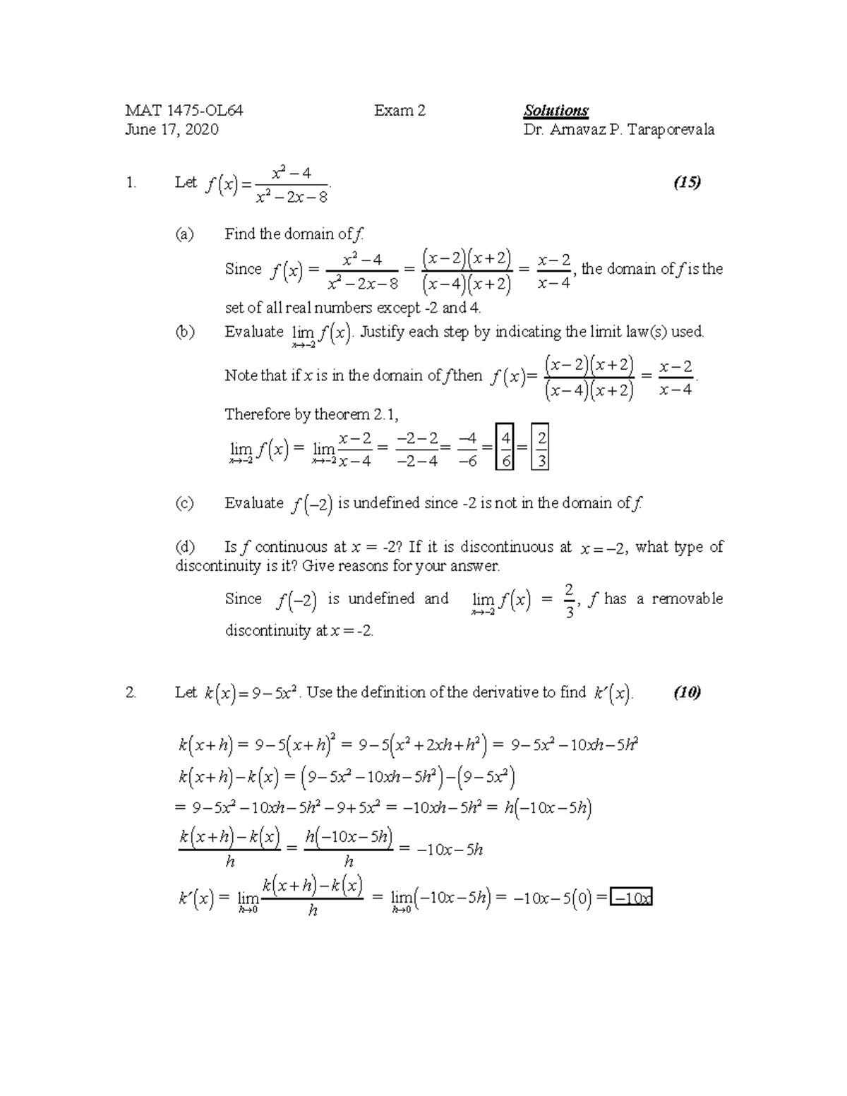 Summer I 2020 MAT 1475 exam 2 solutions(1) - MAT 1475-OL64 Exam 2 ...