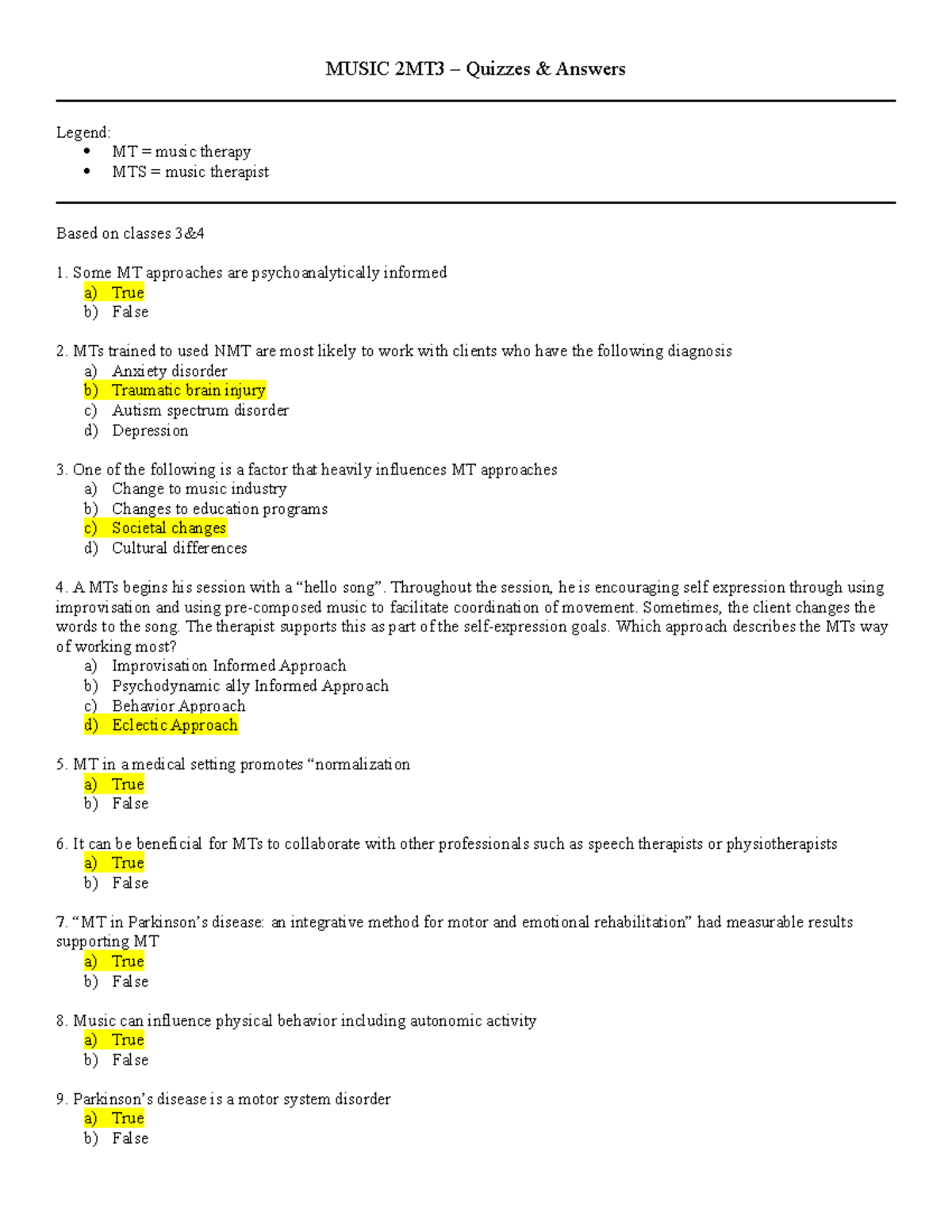 Quiz, answers MUSIC 2MT3 Quizzes Answers Legend MT music therapy MTS