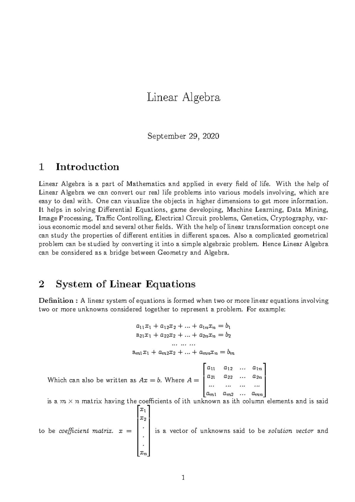 ALA Lecture Notes - Linear Algebra September 29, 2020 1 Introduction ...