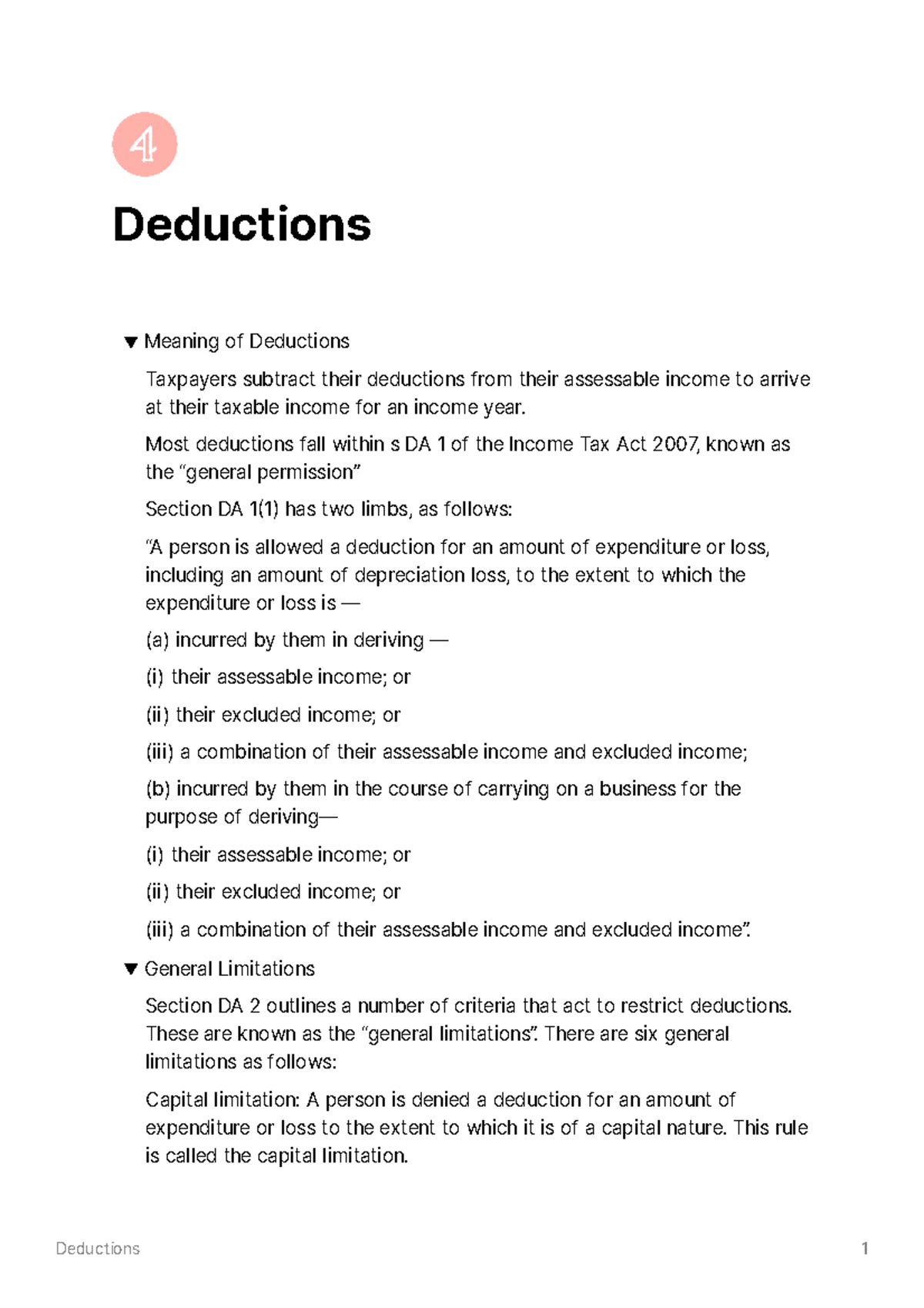 Week 6 Deductions Deductions Meaning of Deductions Taxpayers subtract