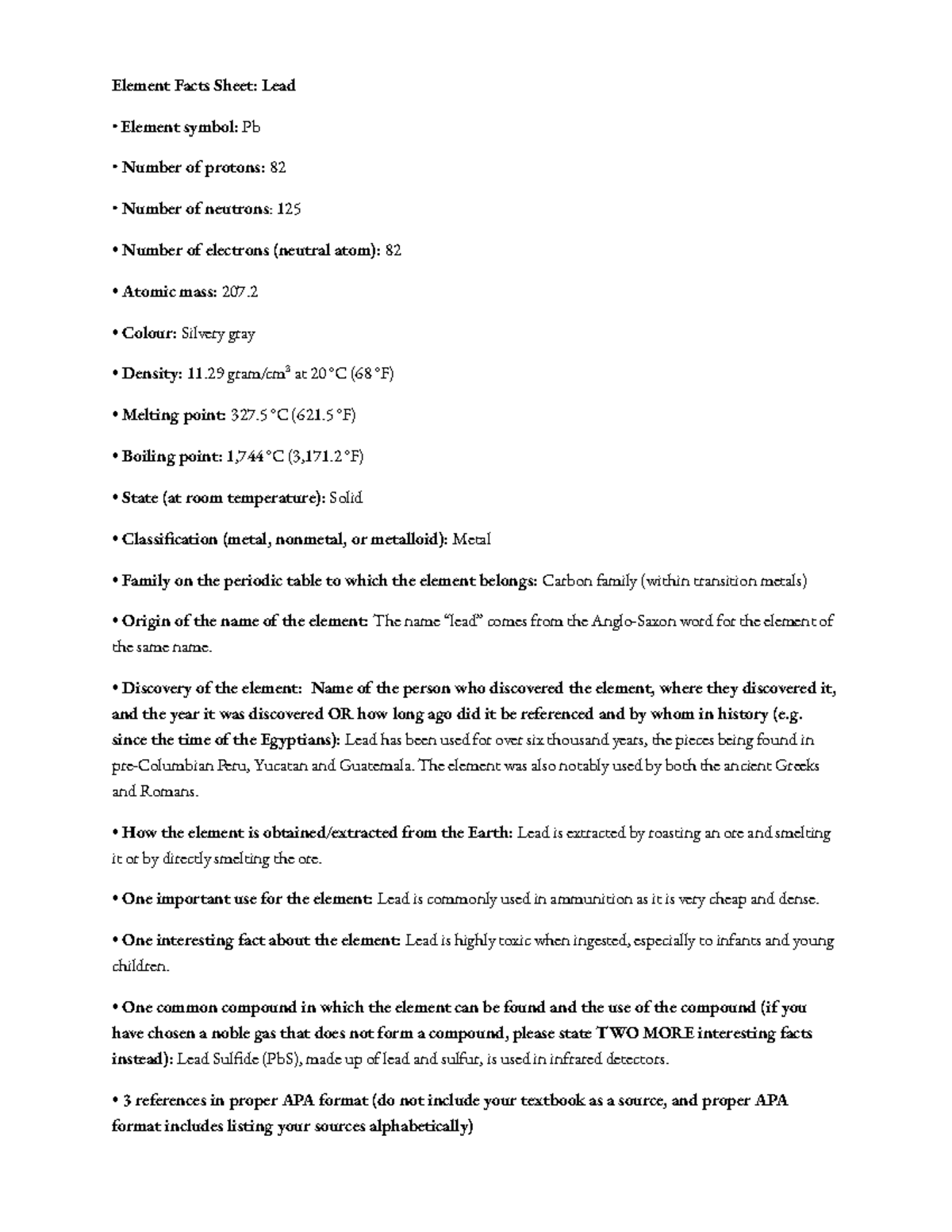 Elementproj - notes - Element Facts Sheet: Lead Element symbol: Pb ...