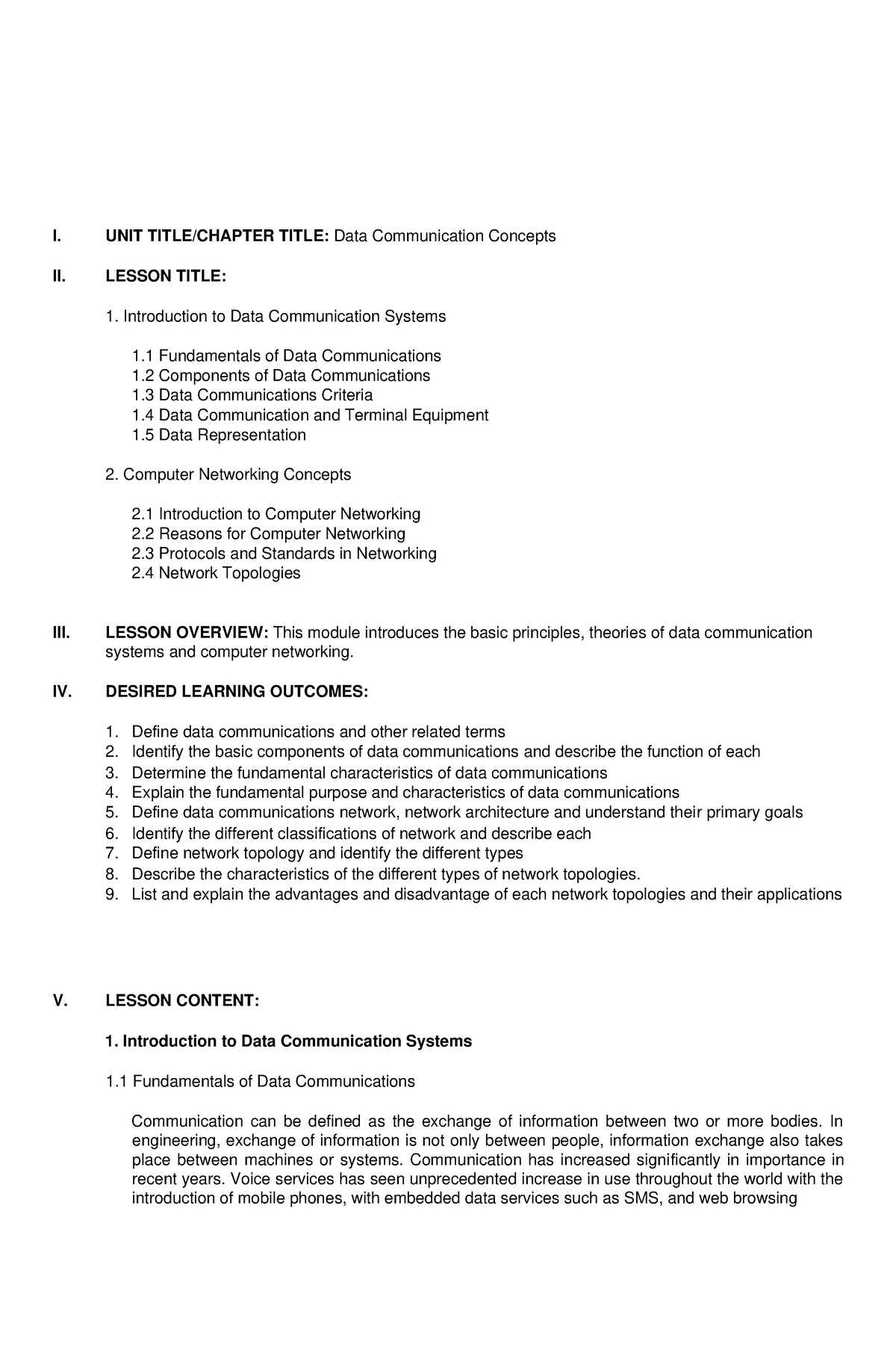 Data Communications - Lesson 1 - I. UNIT TITLE/CHAPTER TITLE: Data ...