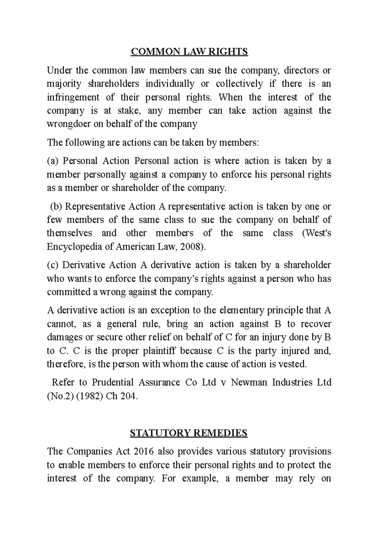 Members' Remedies PART 3 lecture COMMON LAW RIGHTS Under the common