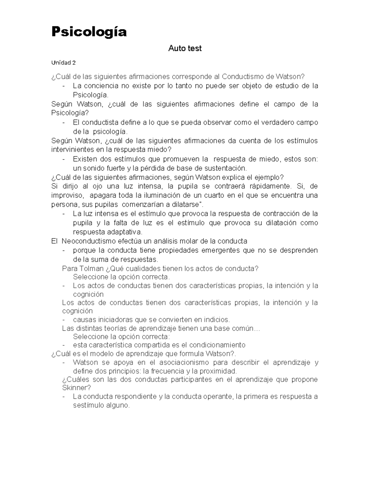 Auto test de segunda y tercera unidad. - Psicología Auto test Unidad 2 ...