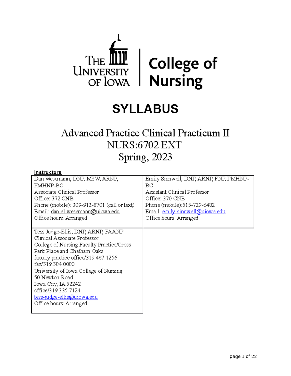 SP23 6702 Pract syllabus - SYLLABUS Advanced Practice Clinical ...