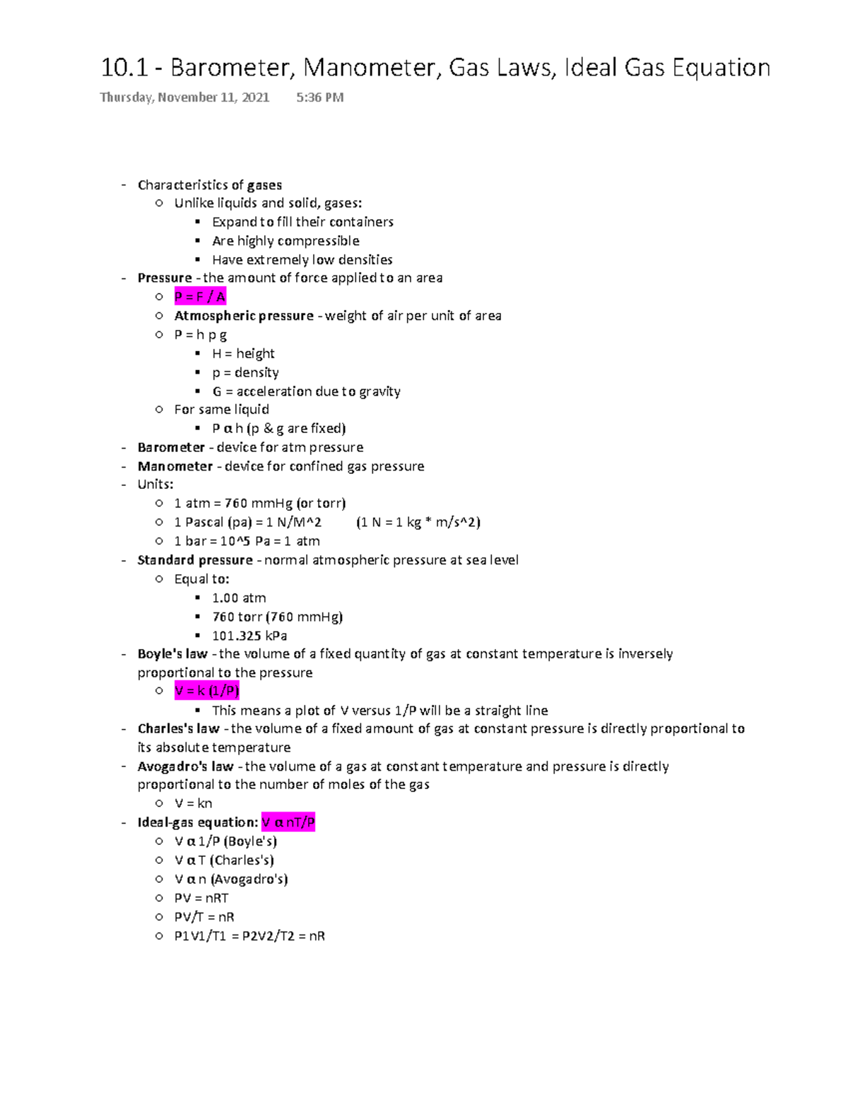 10.1 Barometer, Manometer, Gas Laws, Ideal Gas Equation
