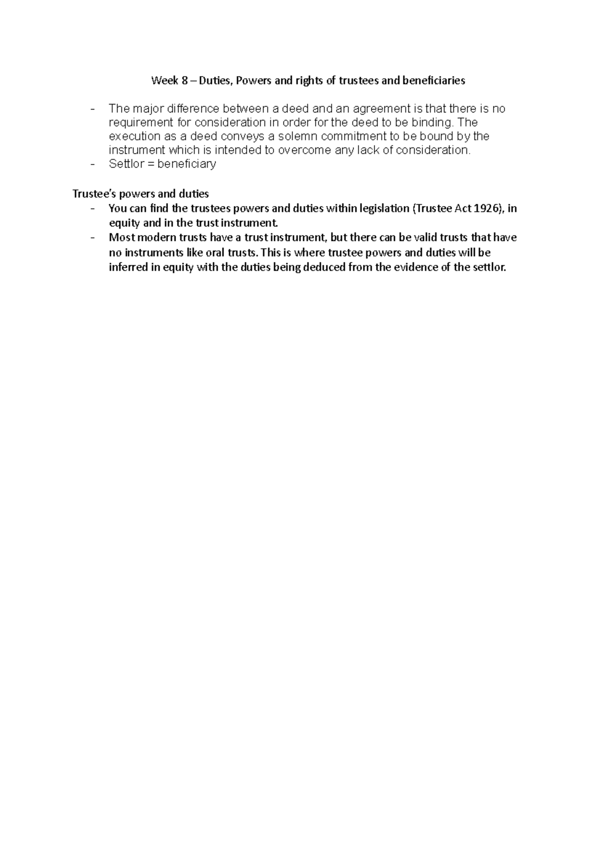 Equity and Trusts - notes - Week 8 – Duties, Powers and rights of ...