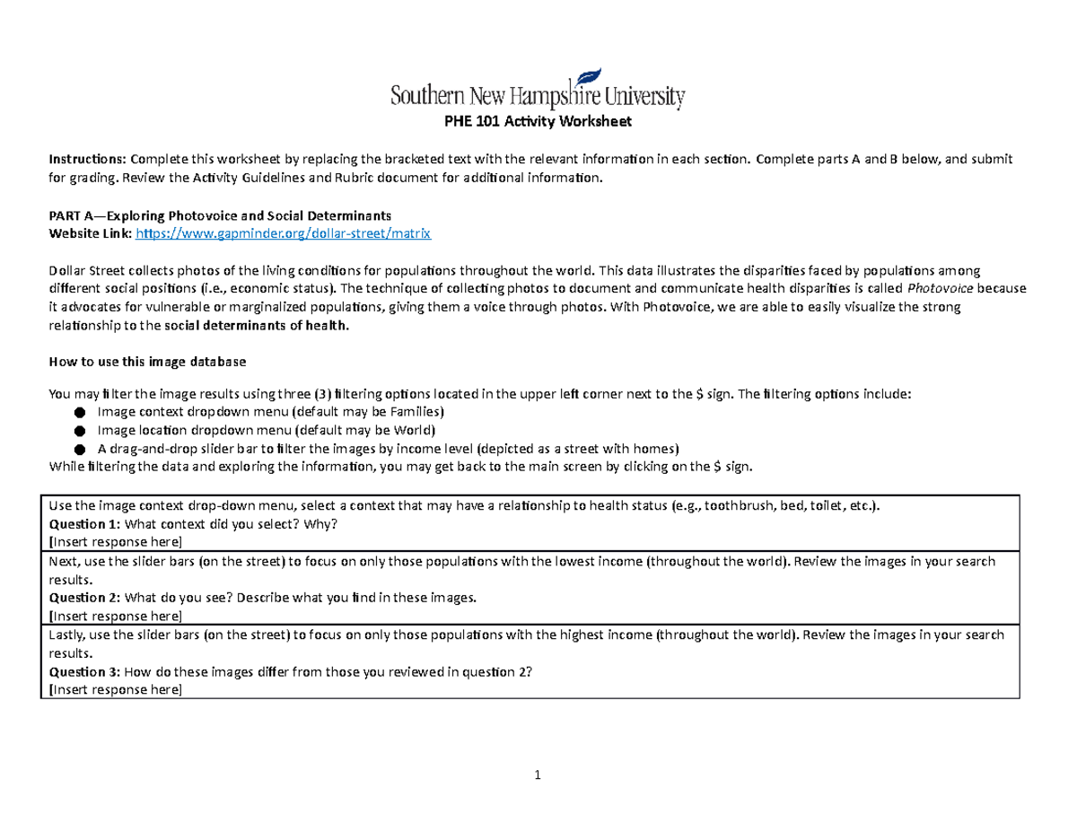 PHE 101 Activity Worksheet PHE 101 Activity Worksheet Instructions