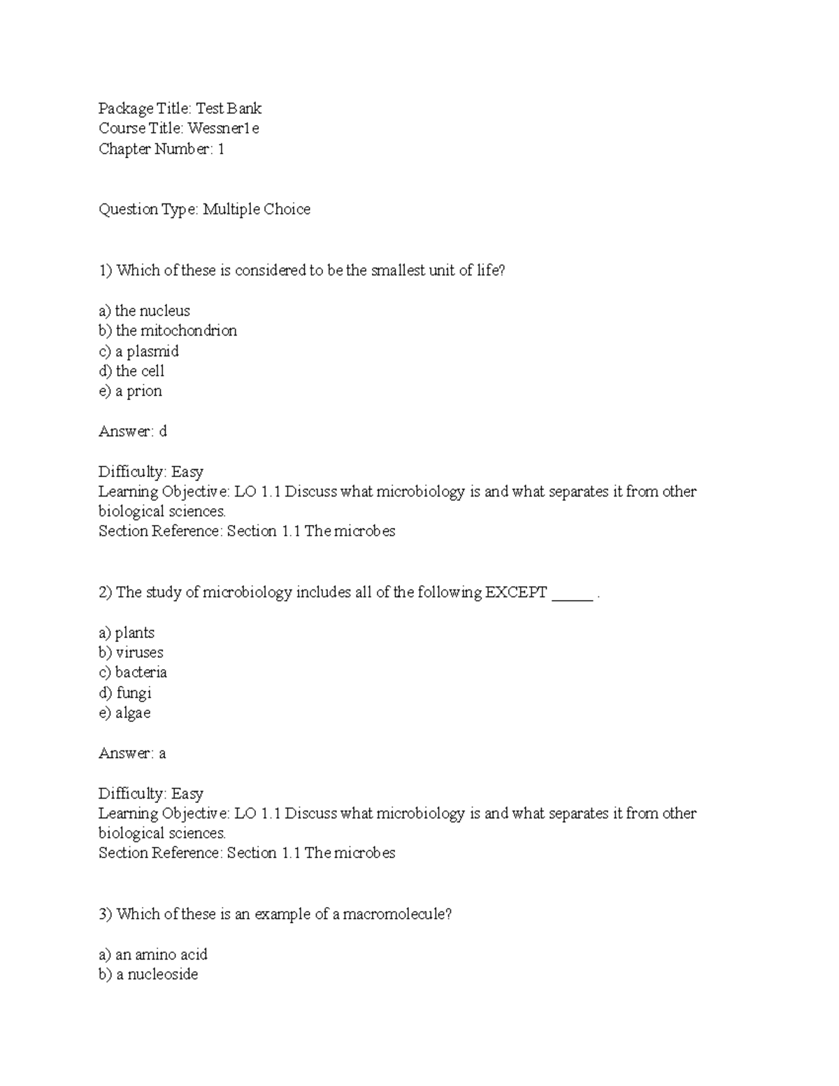 Microbiology Chapter 1 Sample Test Questions - Package Title: Test Bank ...