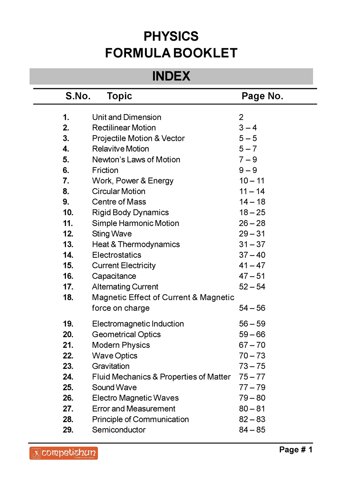 Physics Formula Booklet - INDEX PHYSICS Unit And Dimension S. Topic ...