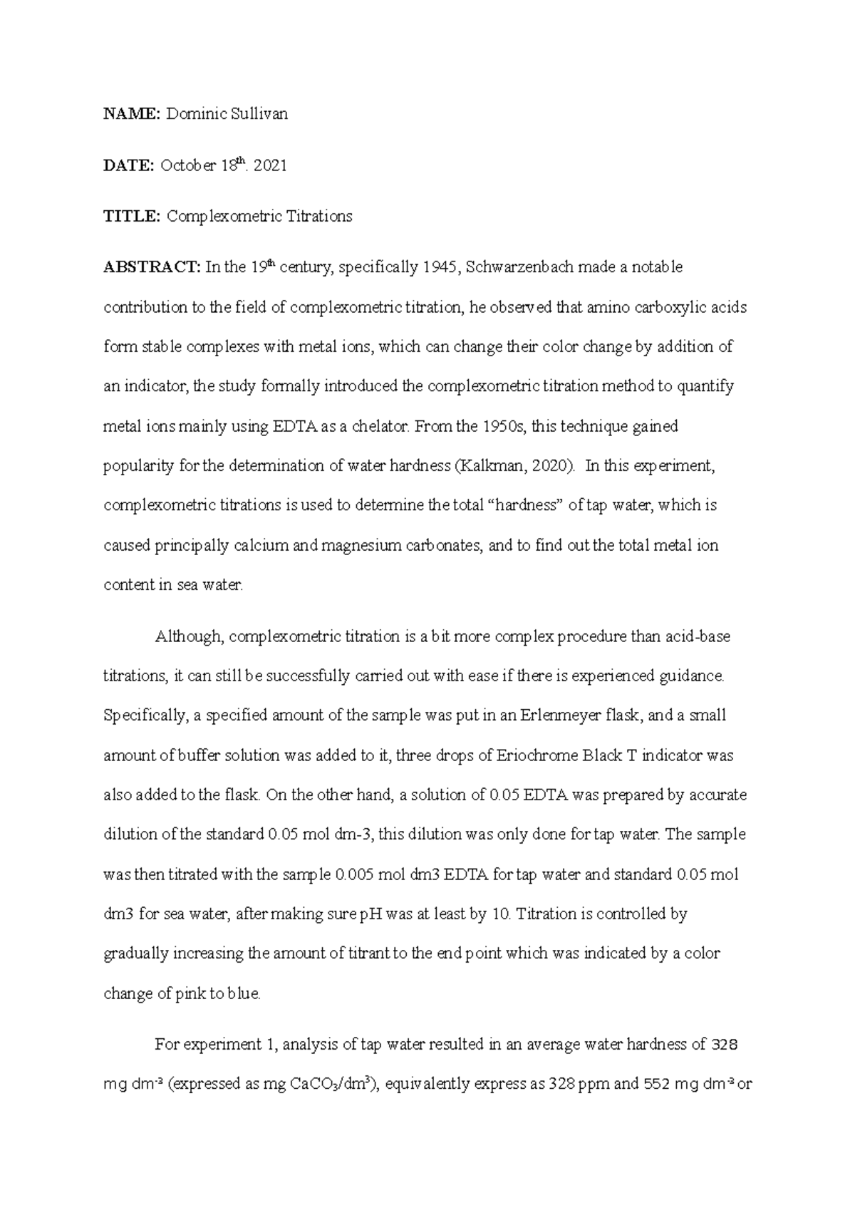 Complexometric Titration Seawater and Tap water analysis