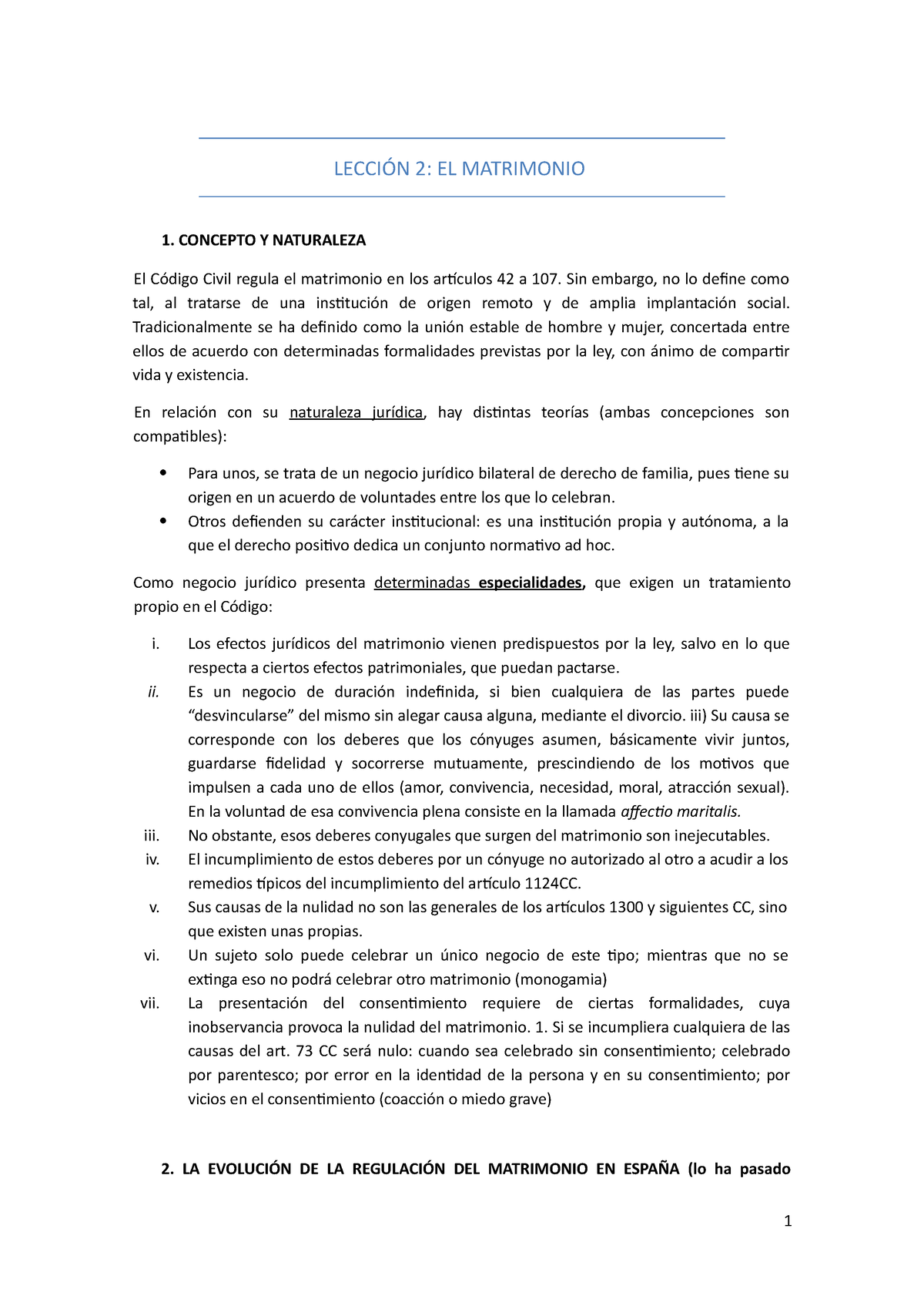 2 - Derecho Civil - LECCIÓN 2: EL MATRIMONIO 1. CONCEPTO Y NATURALEZA ...