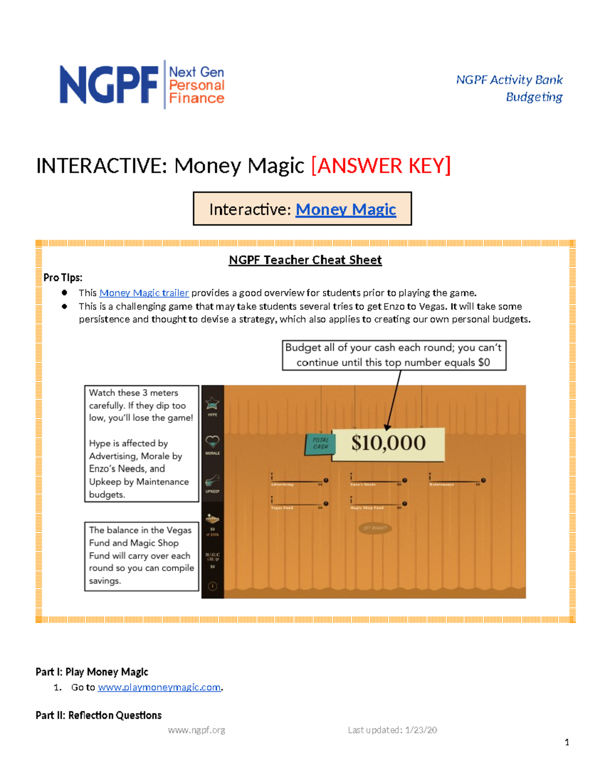Interactive Money Magic answer Key 2 NGPF Activity Bank Budgeting