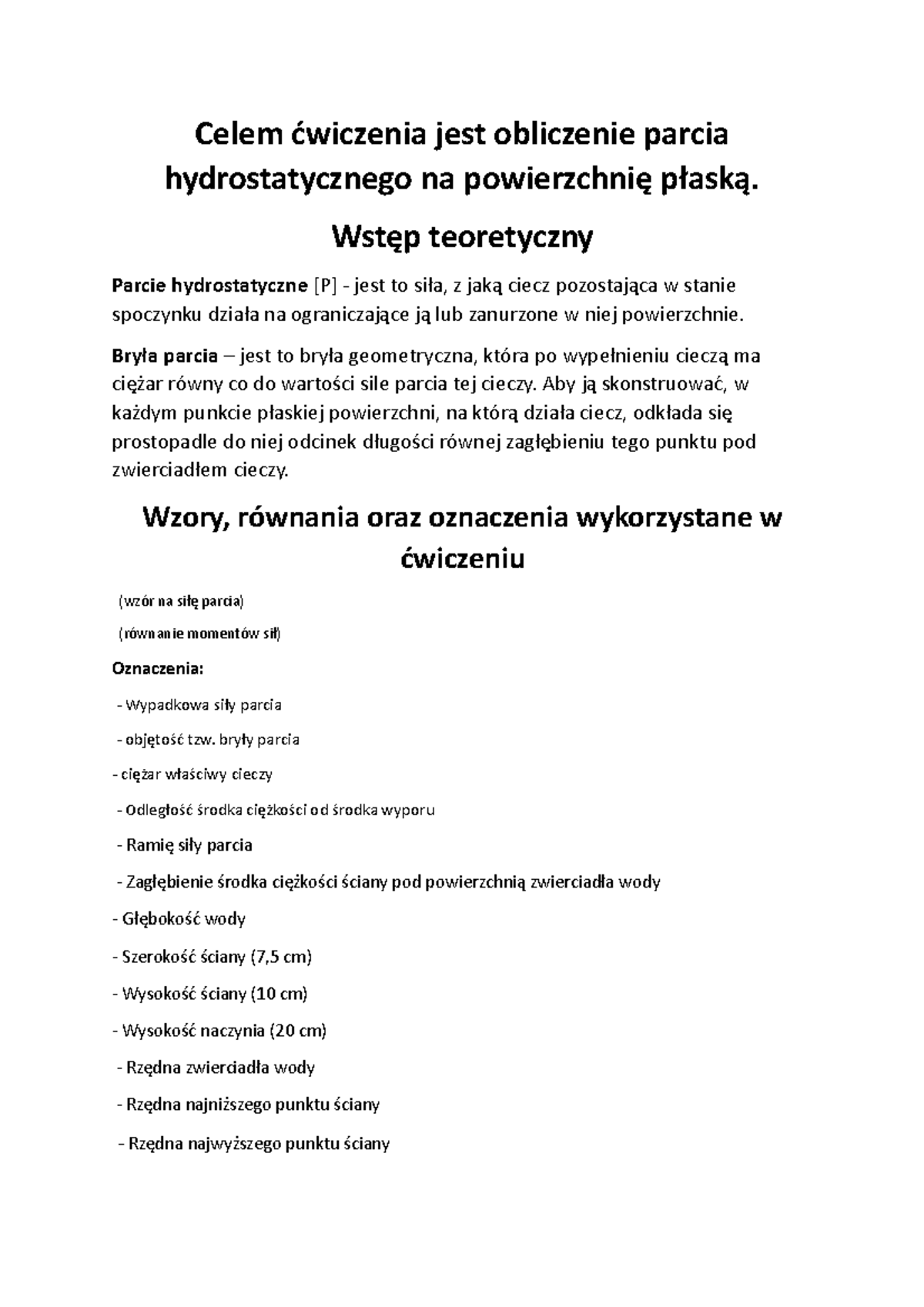 Obliczenie parcia hydrostatycznego na powierzchnię płaską - Wstęp