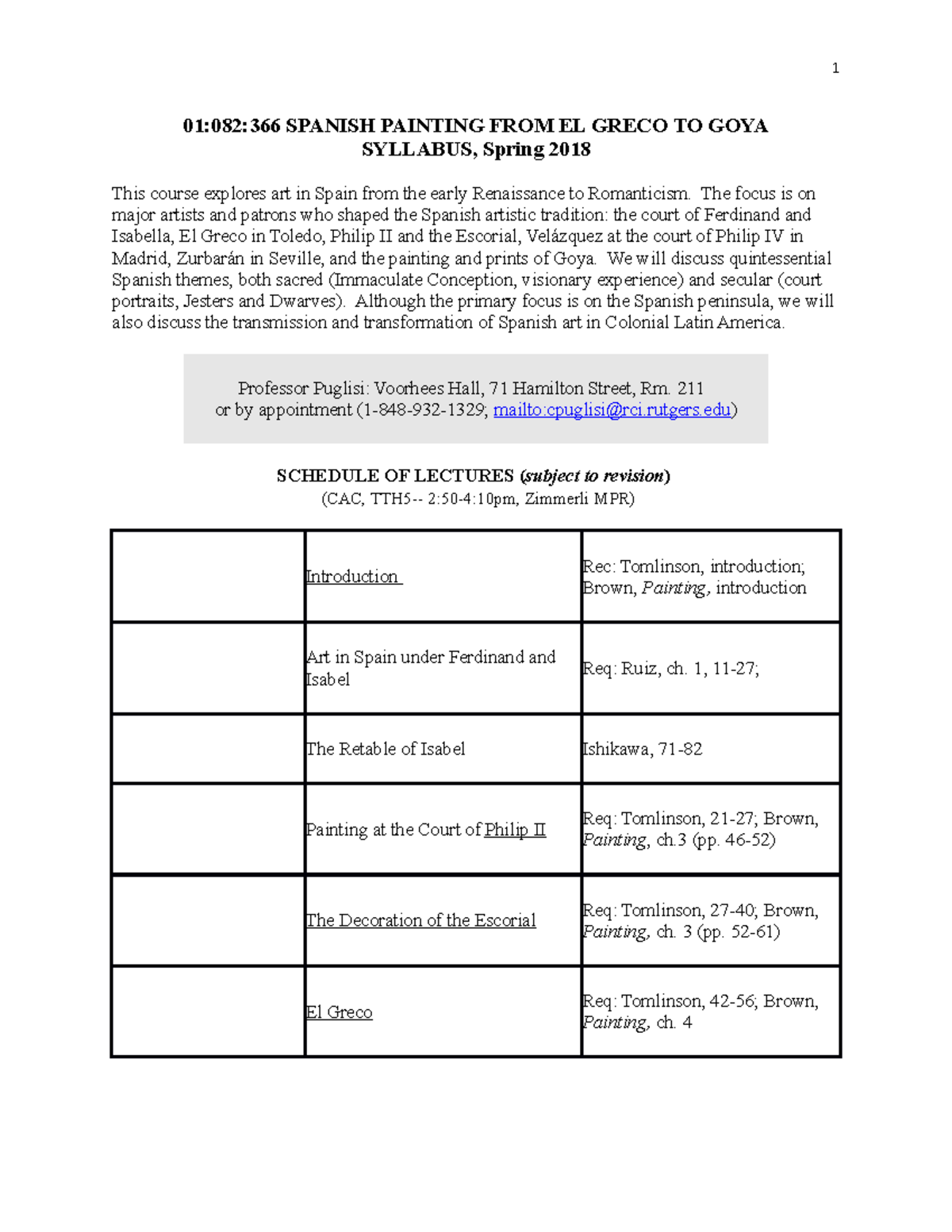 366Syllabus 2018 Spanish Painting 01082366 SPANISH PAINTING FROM