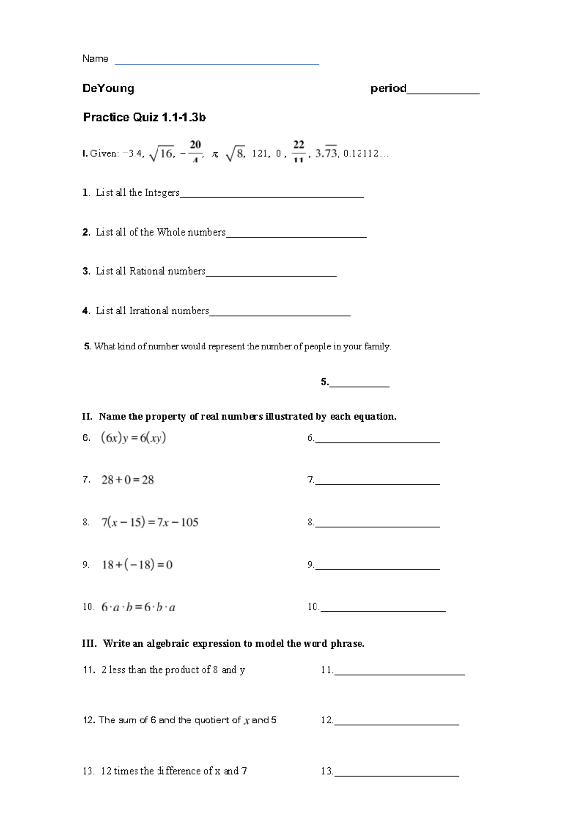 Practice quiz 1 - This is great for math - Name DeYoung period ...