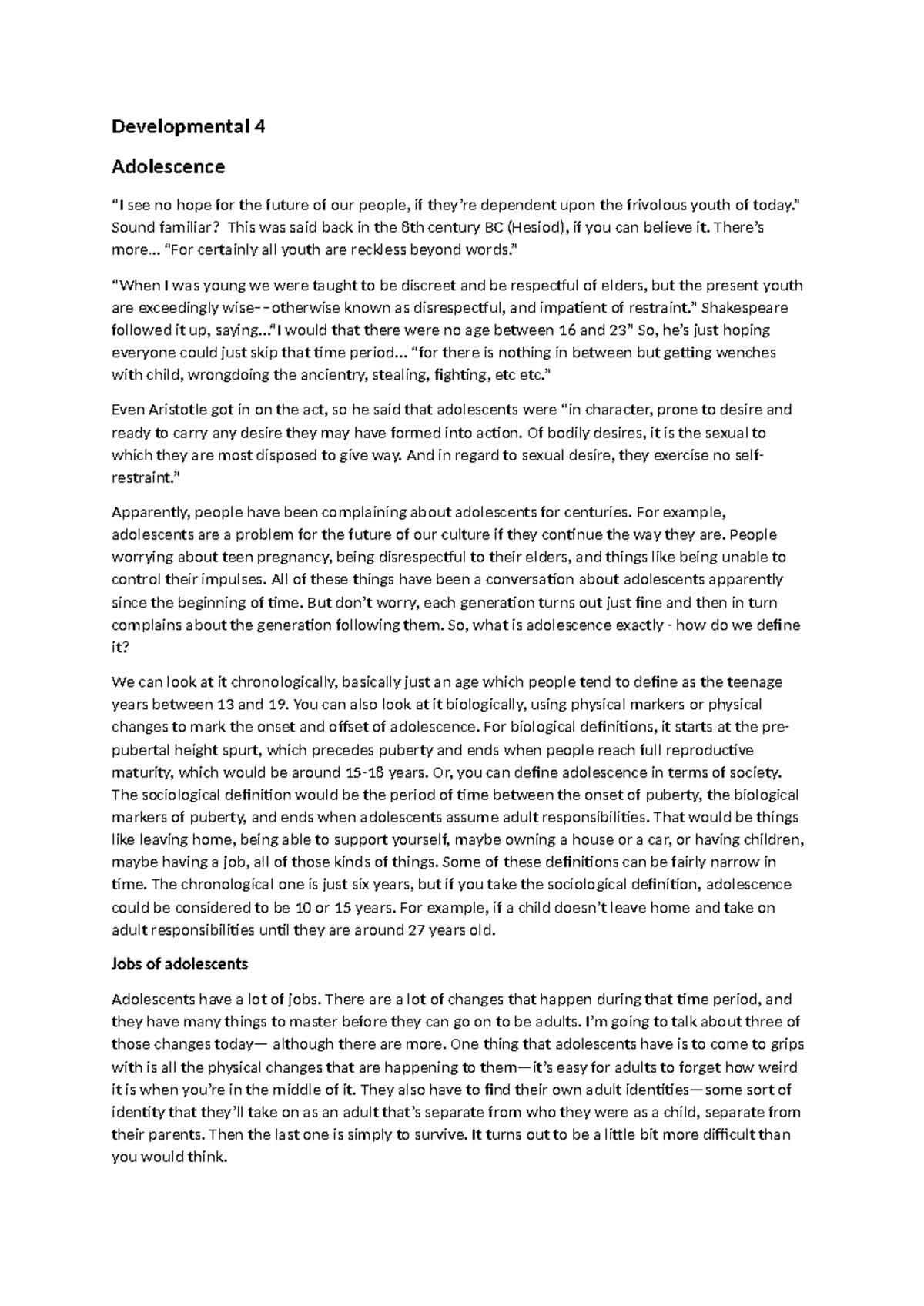 Developmental 4 - learnx transcript - Developmental 4 Adolescence “I ...