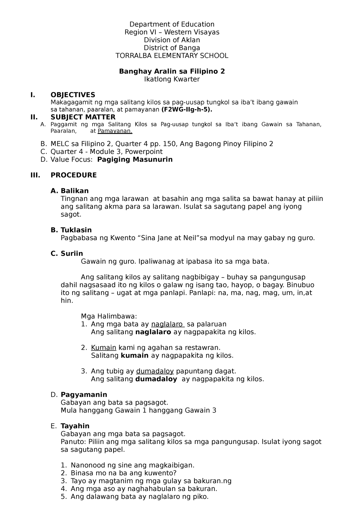 Filipino 2 Lesson Plan 4th Quarter Department Of Education Region Vi Western Visayas 6210