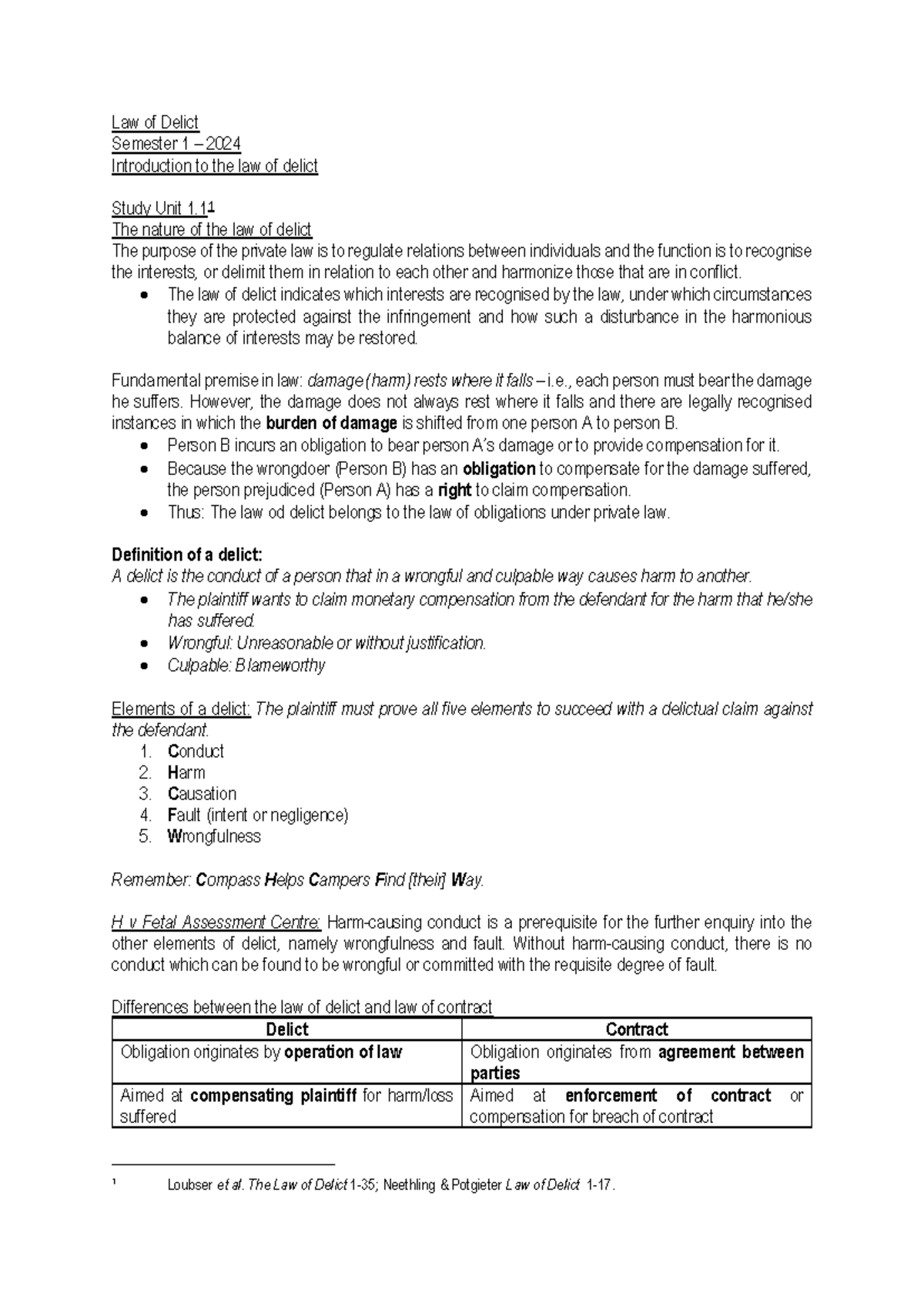 Study Unit 1 - Law Of Delict Semester 1 – 2024 Introduction To The Law ...