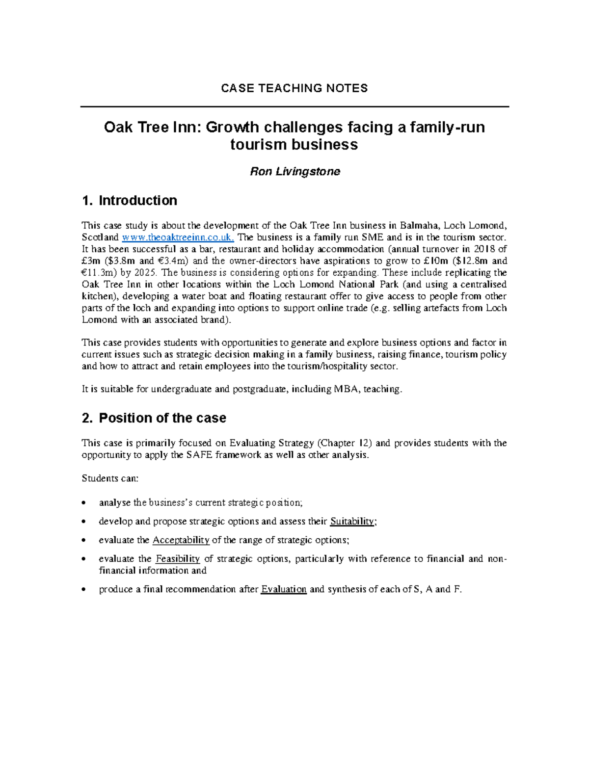 Additional guide notes....Oak Tree Case Notes CASE TEACHING NOTES Oak