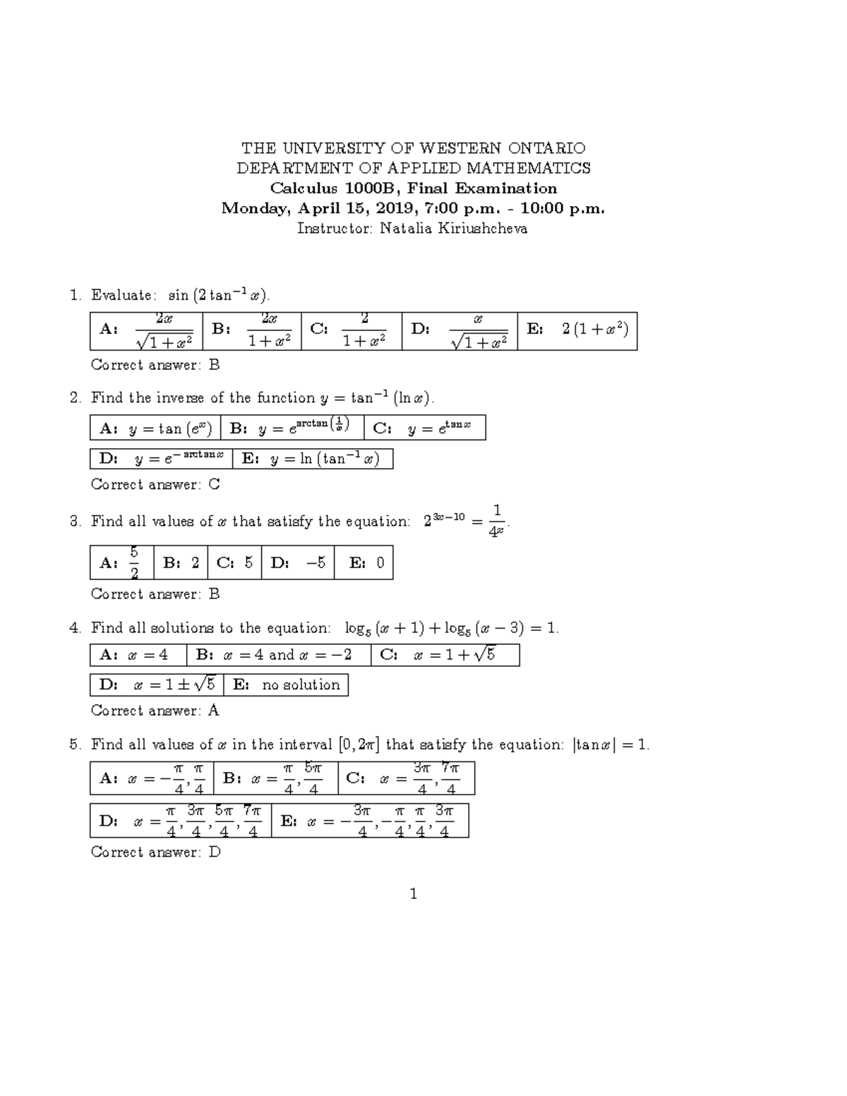 Calculus 1000b final answerkey 2019 - THE UNIVERSITY OF WESTERN ONTARIO ...