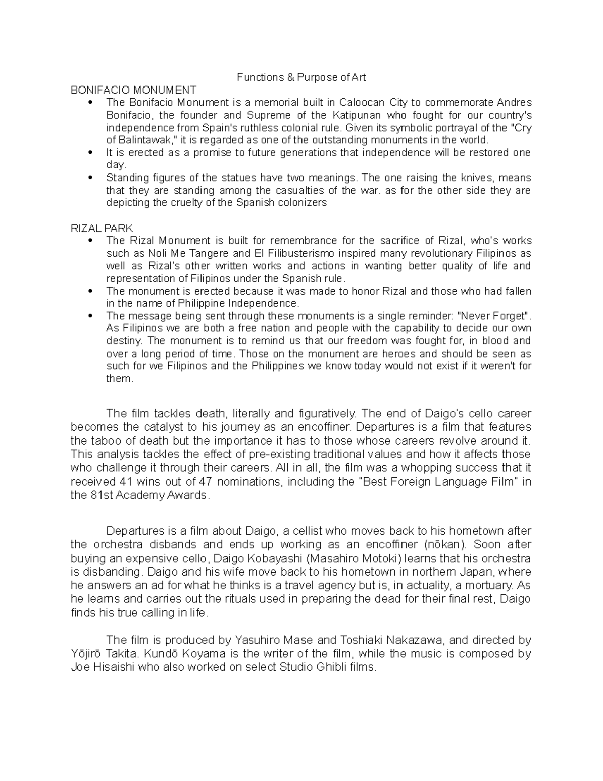 Purpose of Art Functions & Purpose of Art BONIFACIO MONUMENT The