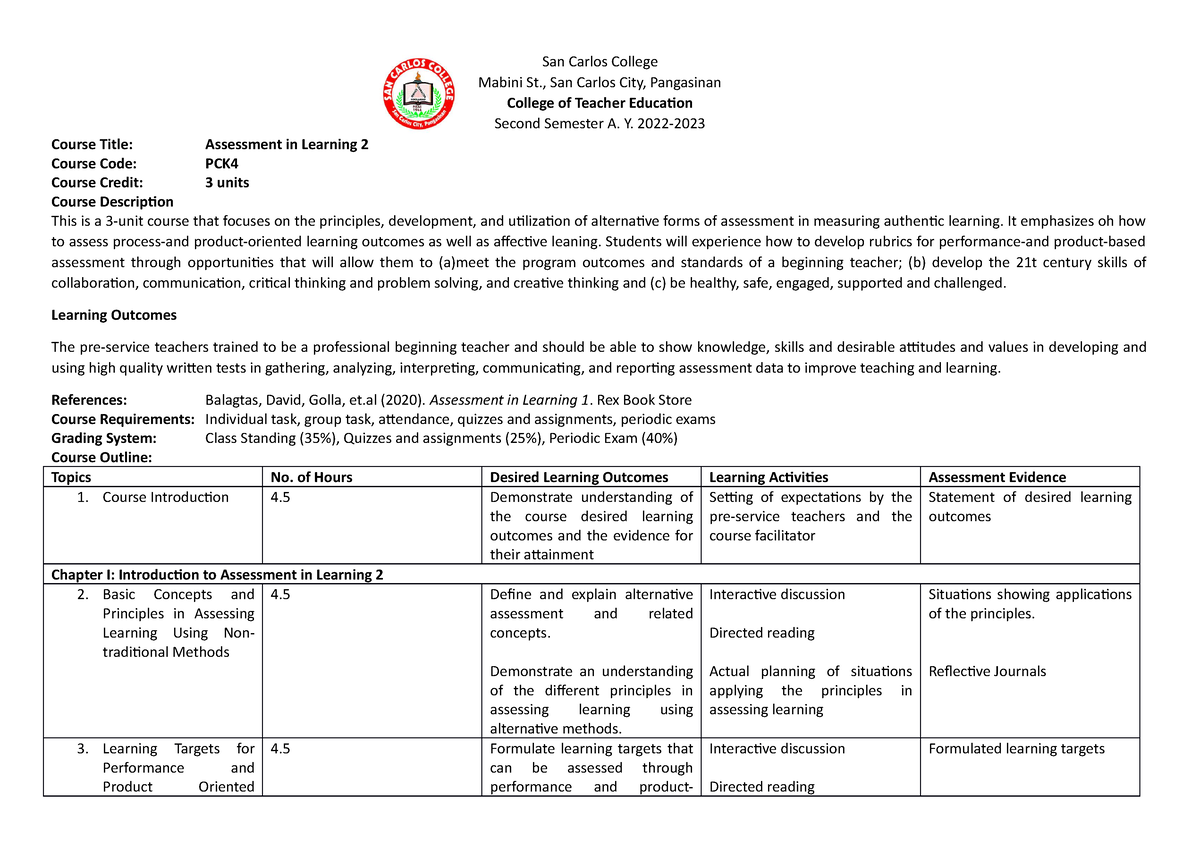 Course Syllabus - 2ndsem - Education - Studocu