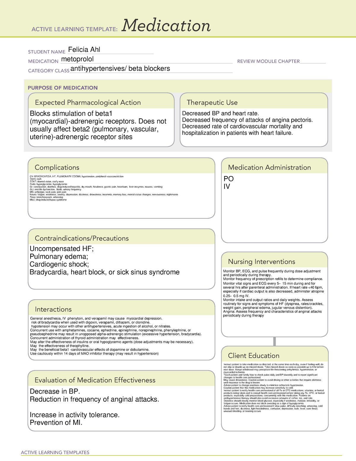 Metoprolol drug cards ACTIVE LEARNING TEMPLATES Medication STUDENT