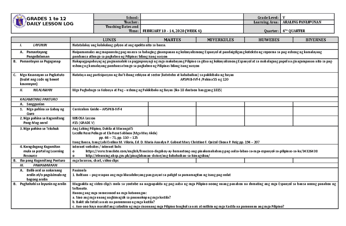 Grade 5 DLL Araling Panlipunan 5 Q4 Week 4 - GRADES 1 to 12 DAILY ...