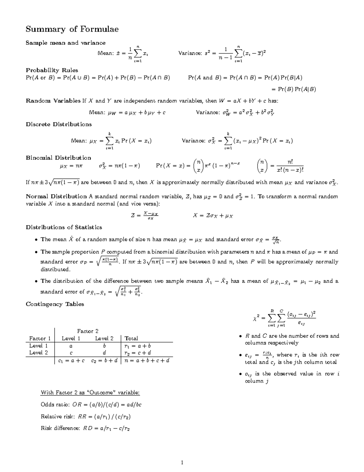 Formula Sheet - Really helpful - Summary of Formulae Sample mean and ...