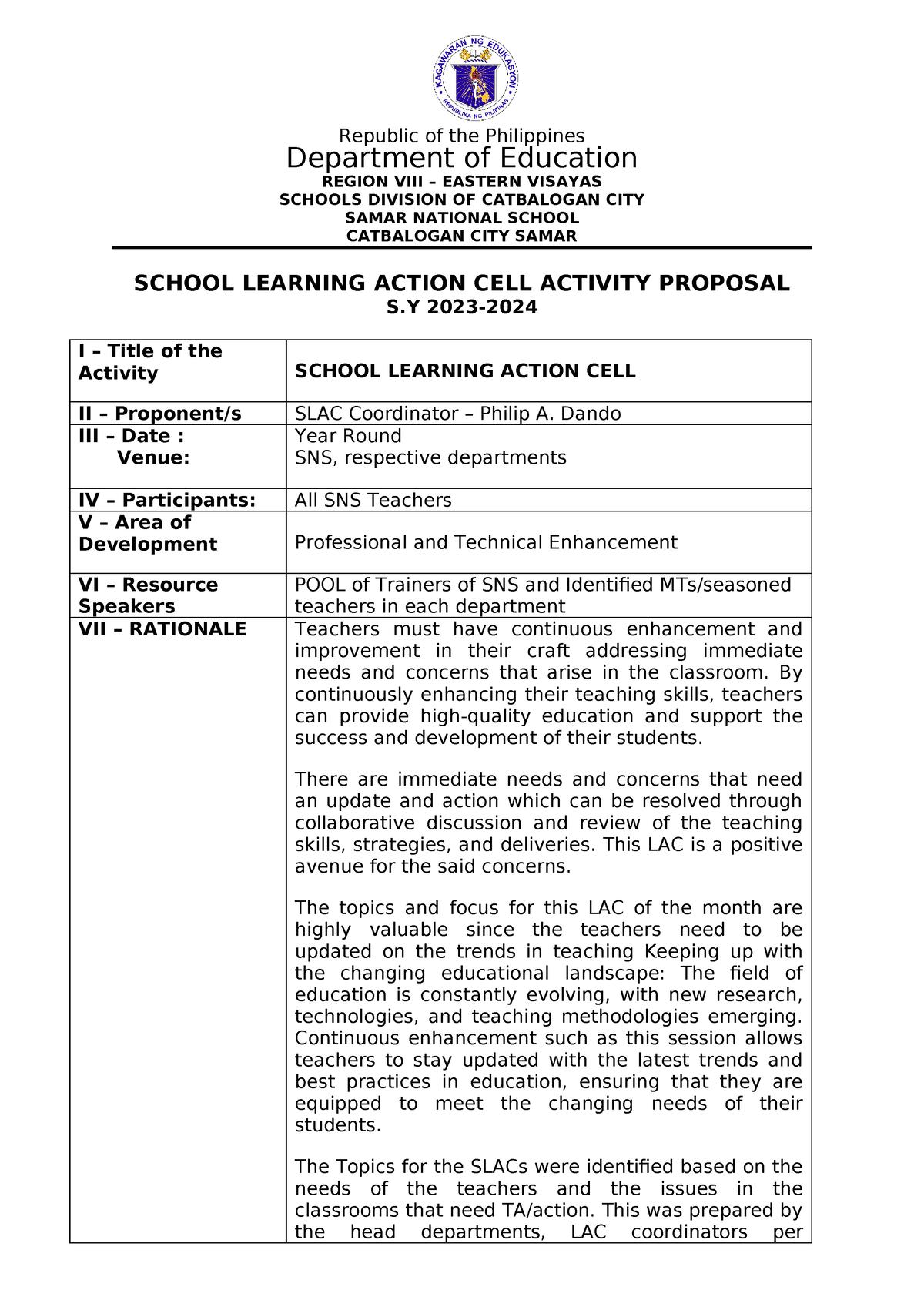 Lac-proposal - Sample Action Cell Format - Republic of the Philippines ...