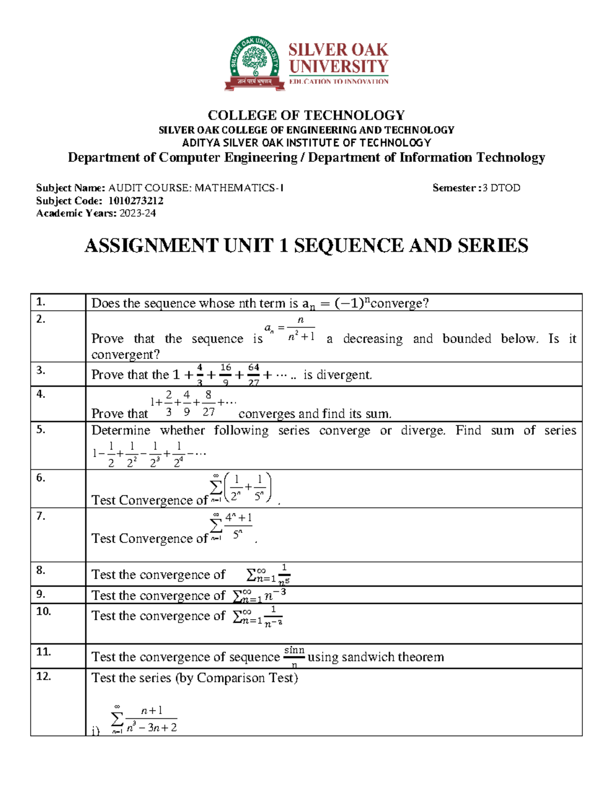 Assignment Audit Mathematics-1 DTOD - COLLEGE OF TECHNOLOGY SILVER OAK ...