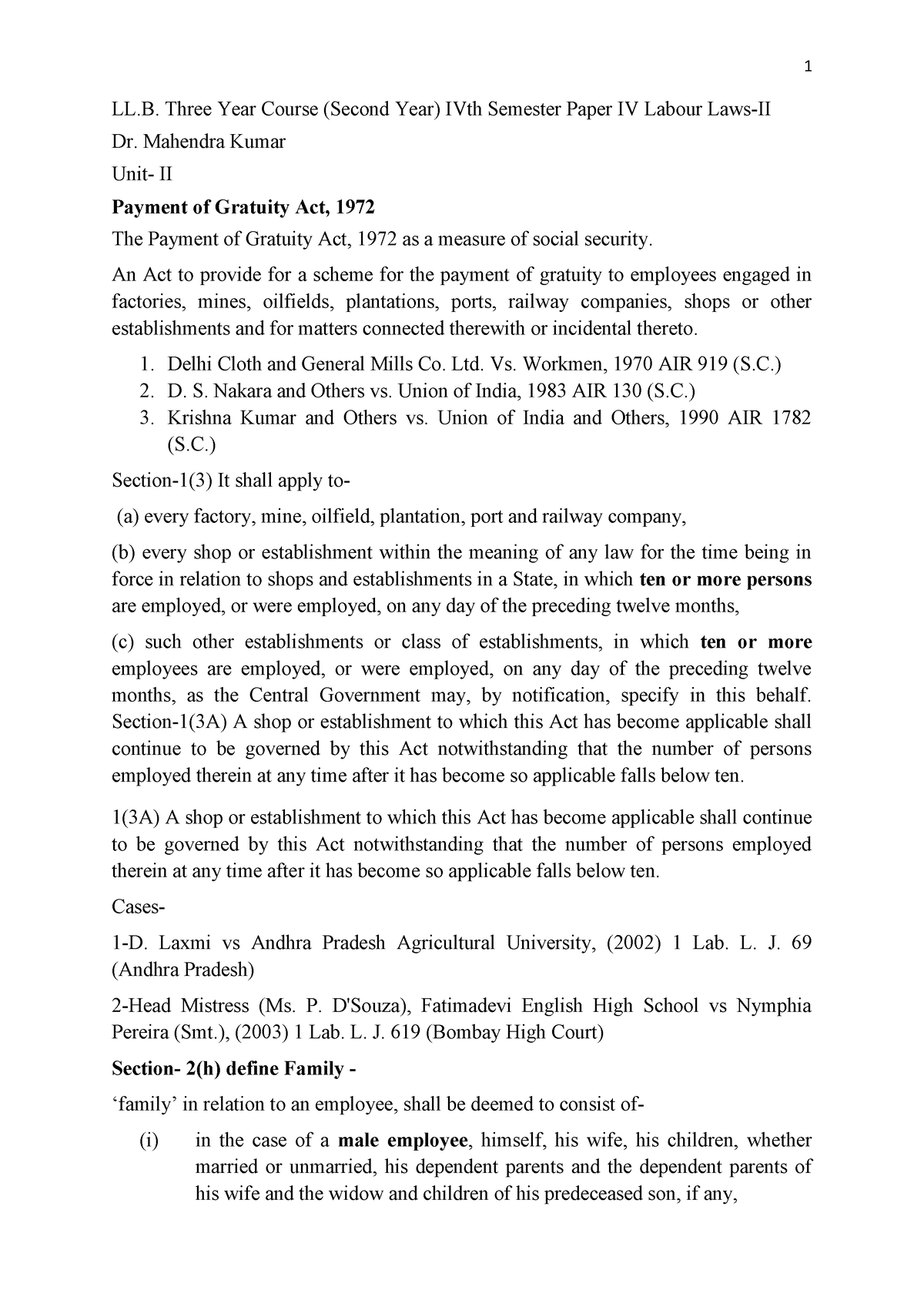 Payment of Gratuity Act 1972 - LL. Three Year Course (Second Year) IVth ...