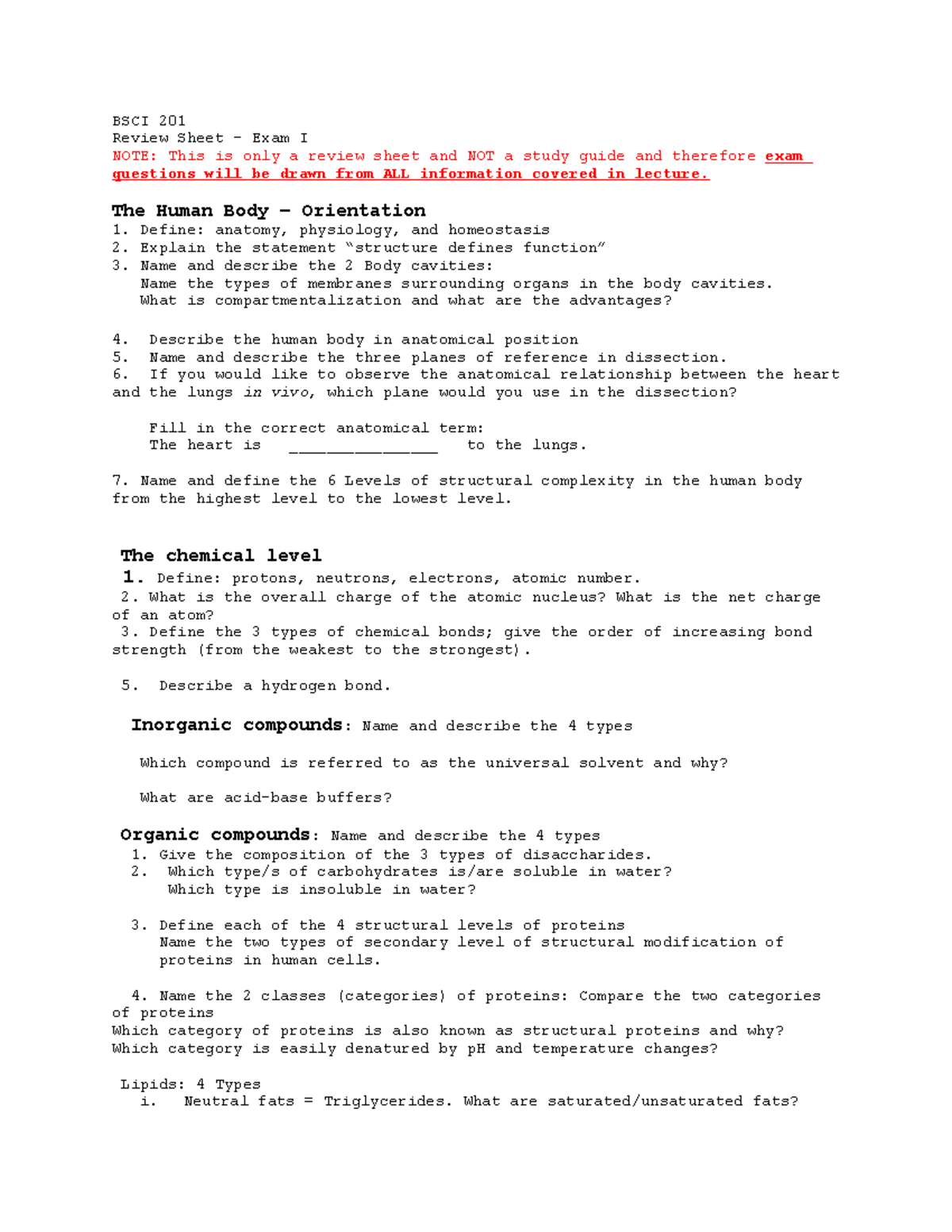 BSCI 201 Exam 1 review sheet - BSCI 201 Review Sheet - Exam I NOTE ...