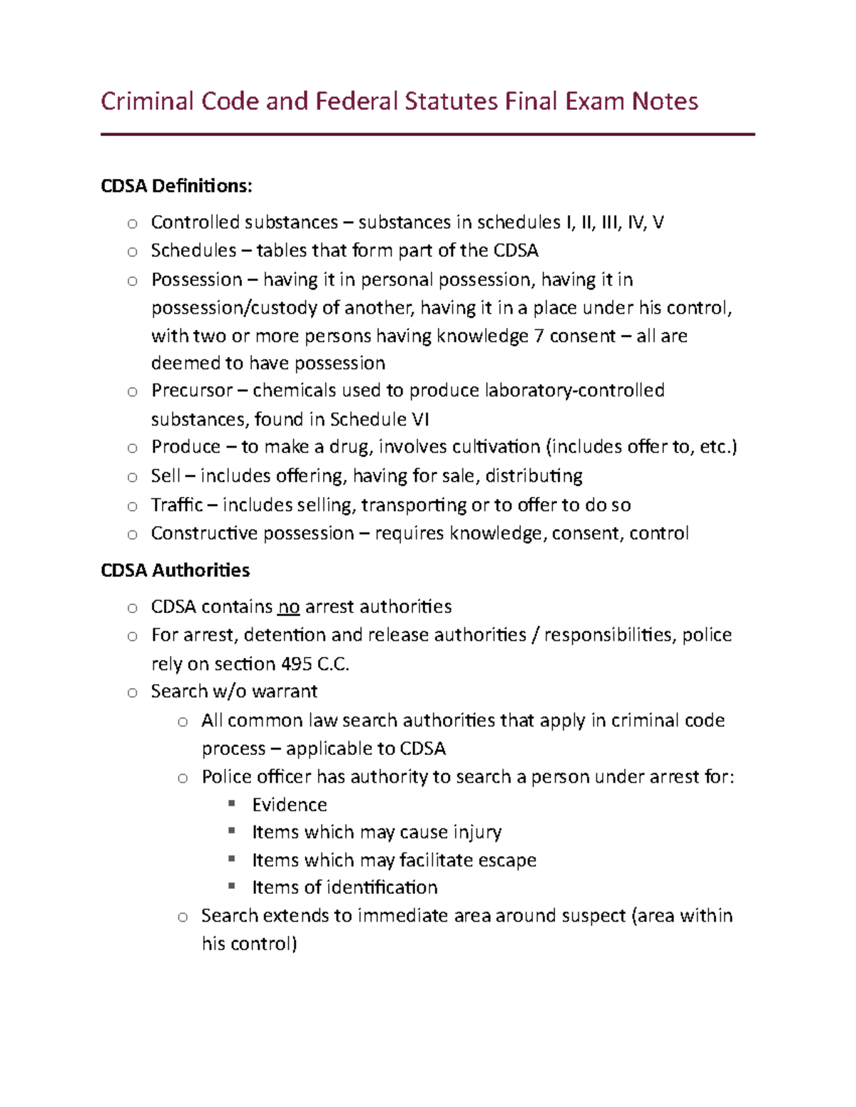 Final Exam Notes Criminal Code and Federal Statutes Final Exam Notes