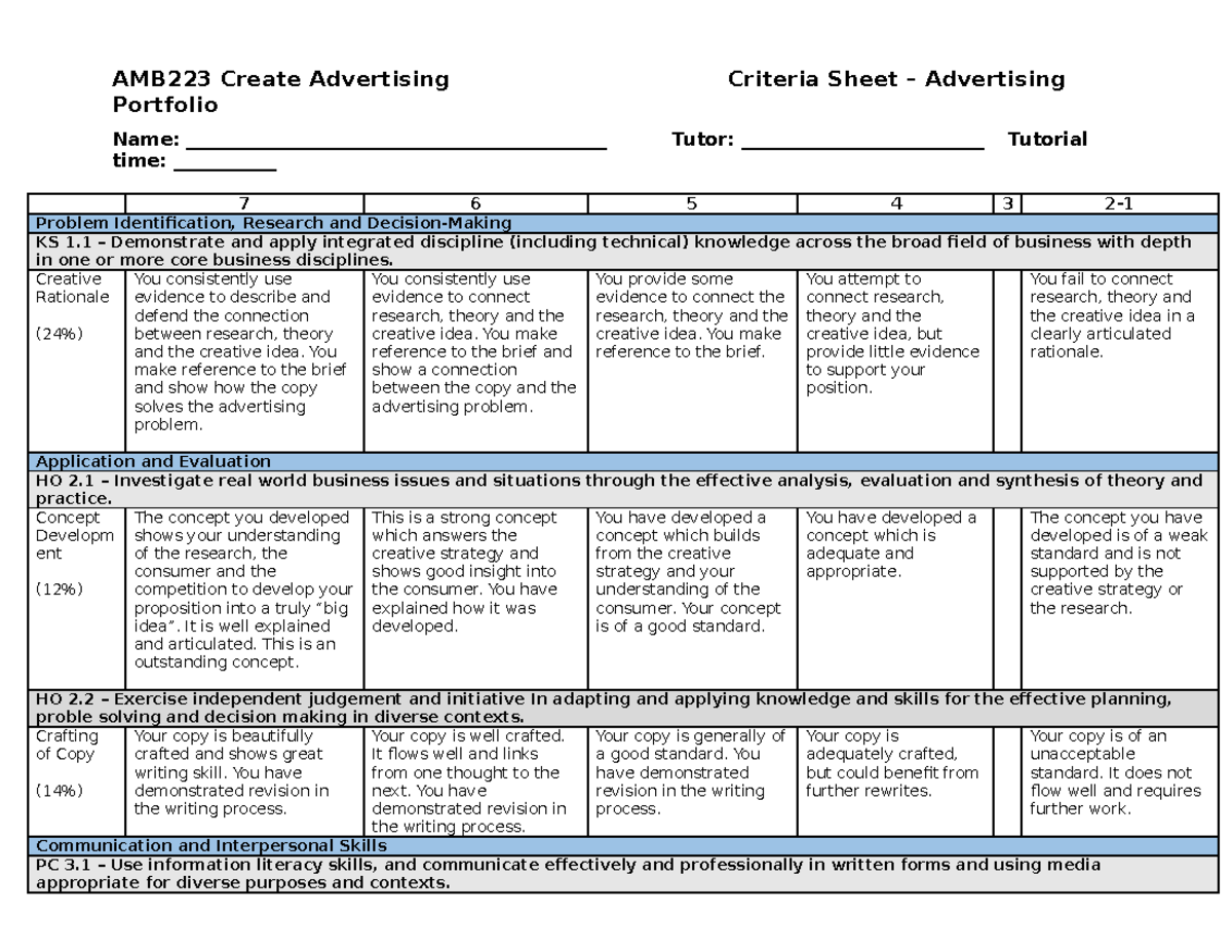 CRA223 A2 Portfolio - Task sheet - AMB223 Create Advertising Criteria ...
