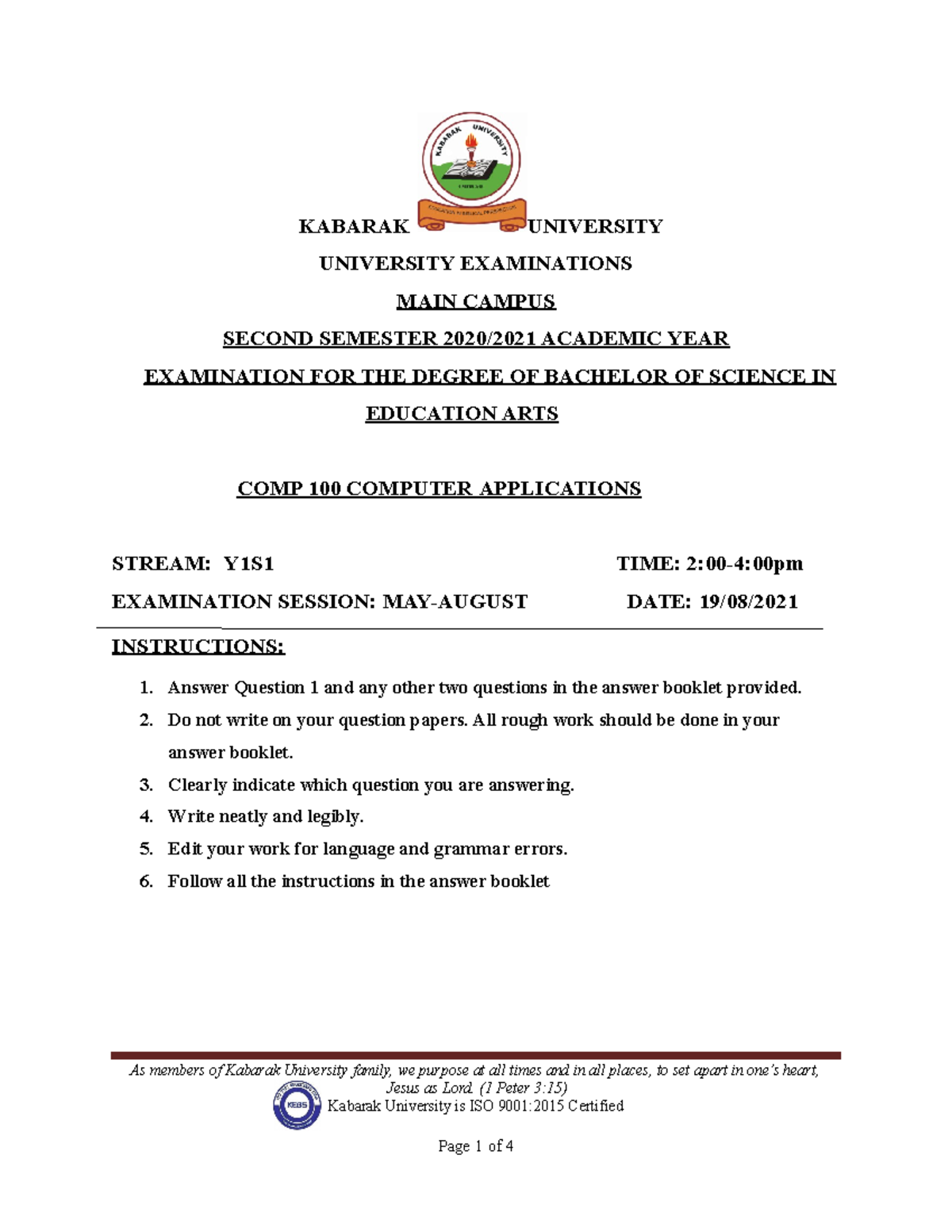 COMP 100 Computer Applications - kabarak university - KABARAK ...