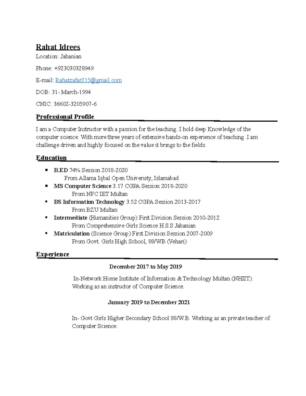 Rahat Idrees CV - Rahat Idrees Location: Jahanian Phone: + E-mail ...