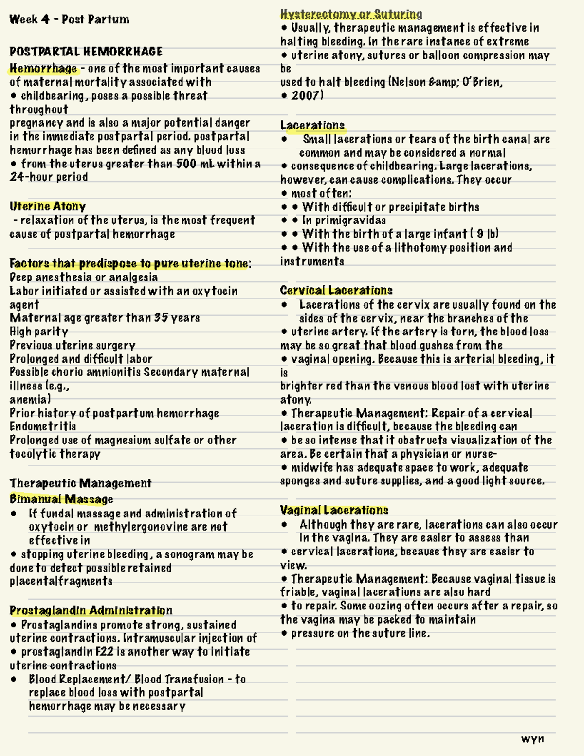 Ncm 219 - w4 - Week 4 - Post Partum POSTPARTAL HEMORRHAGE Hemorrhage ...